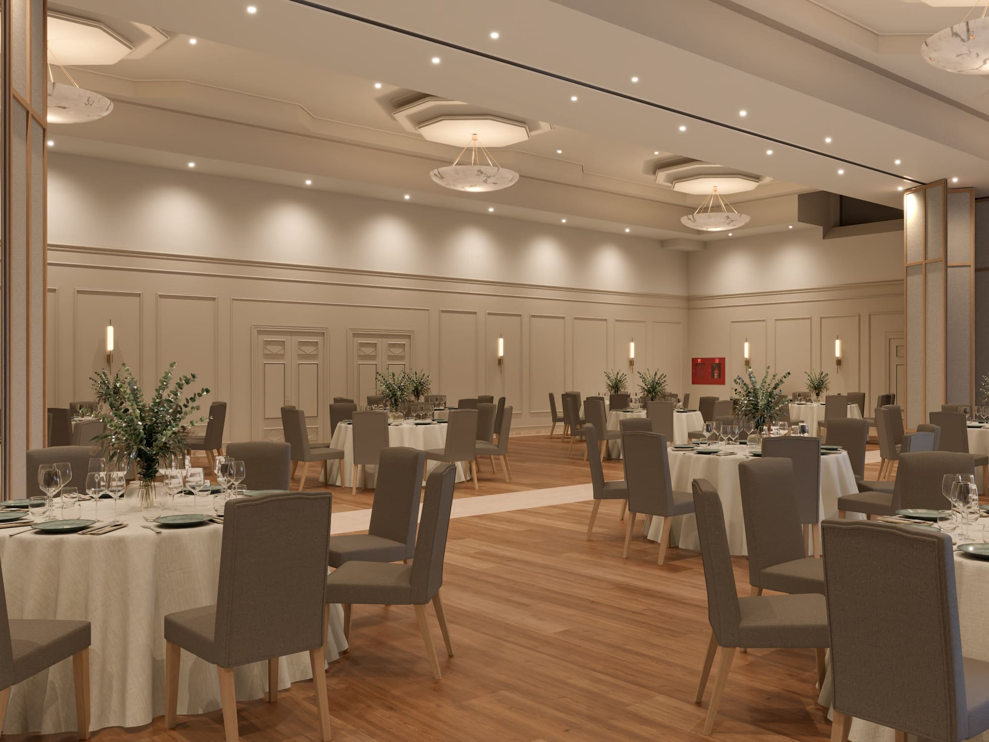 Elegant formal ballroom with round tables and chairs set for banquet or event.