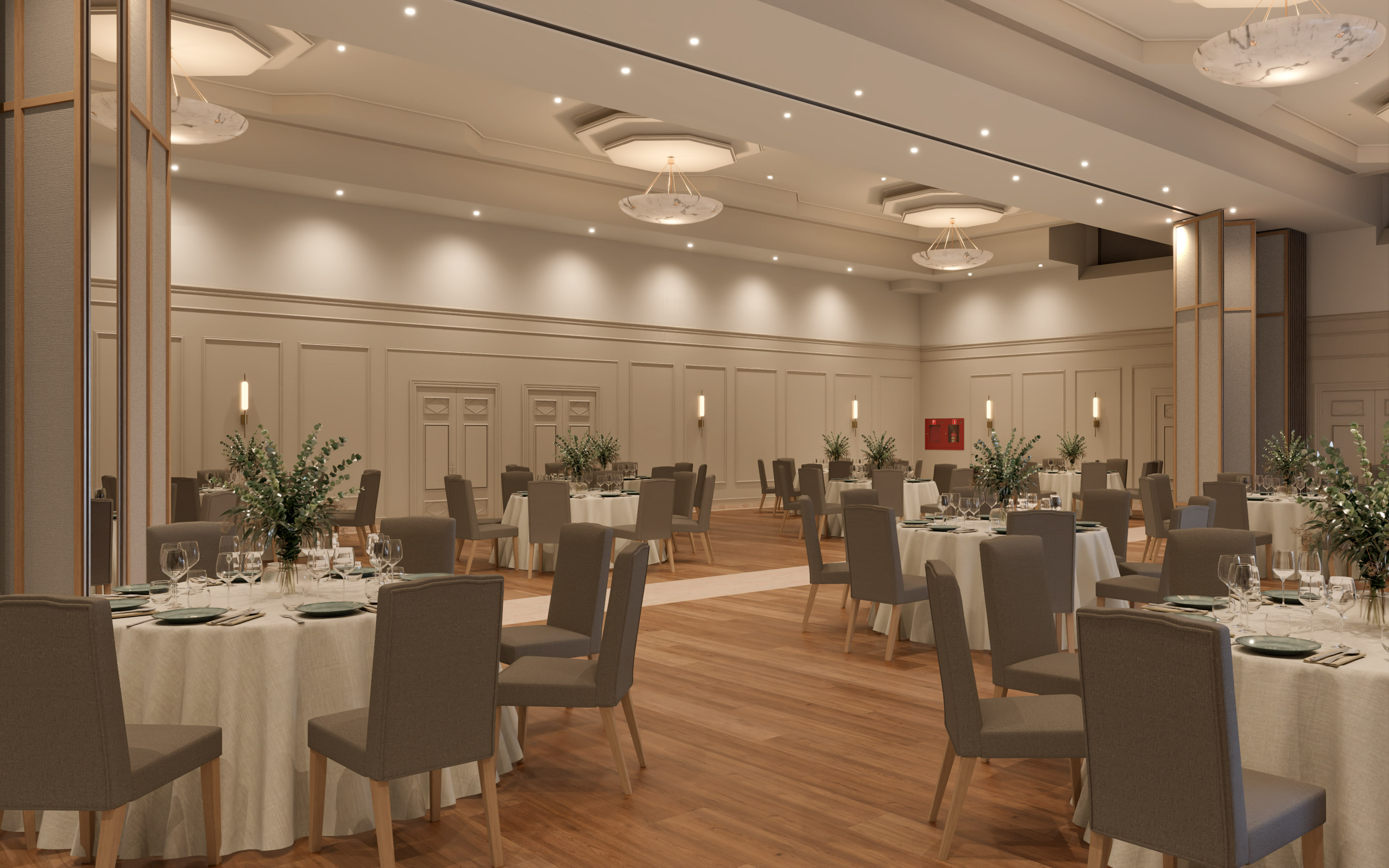 Elegant formal ballroom with round tables and chairs set for banquet or event.