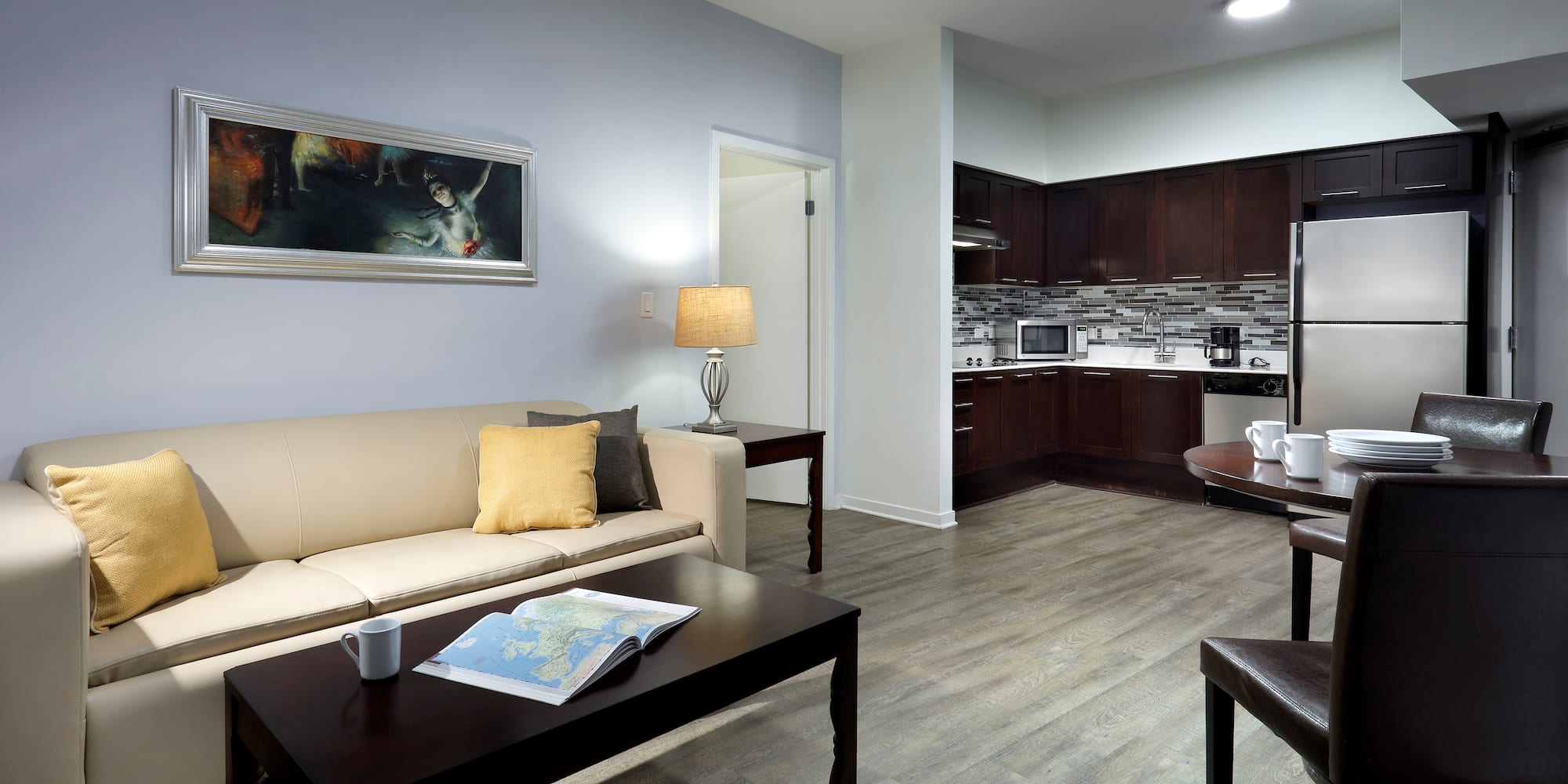 a living room with a couch and coffee table