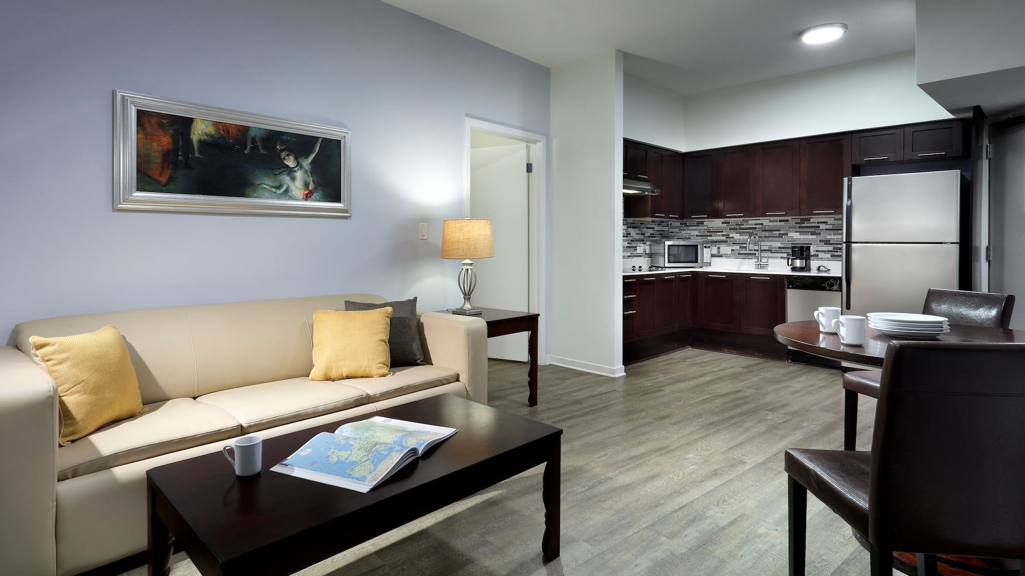 a living room with a couch and coffee table