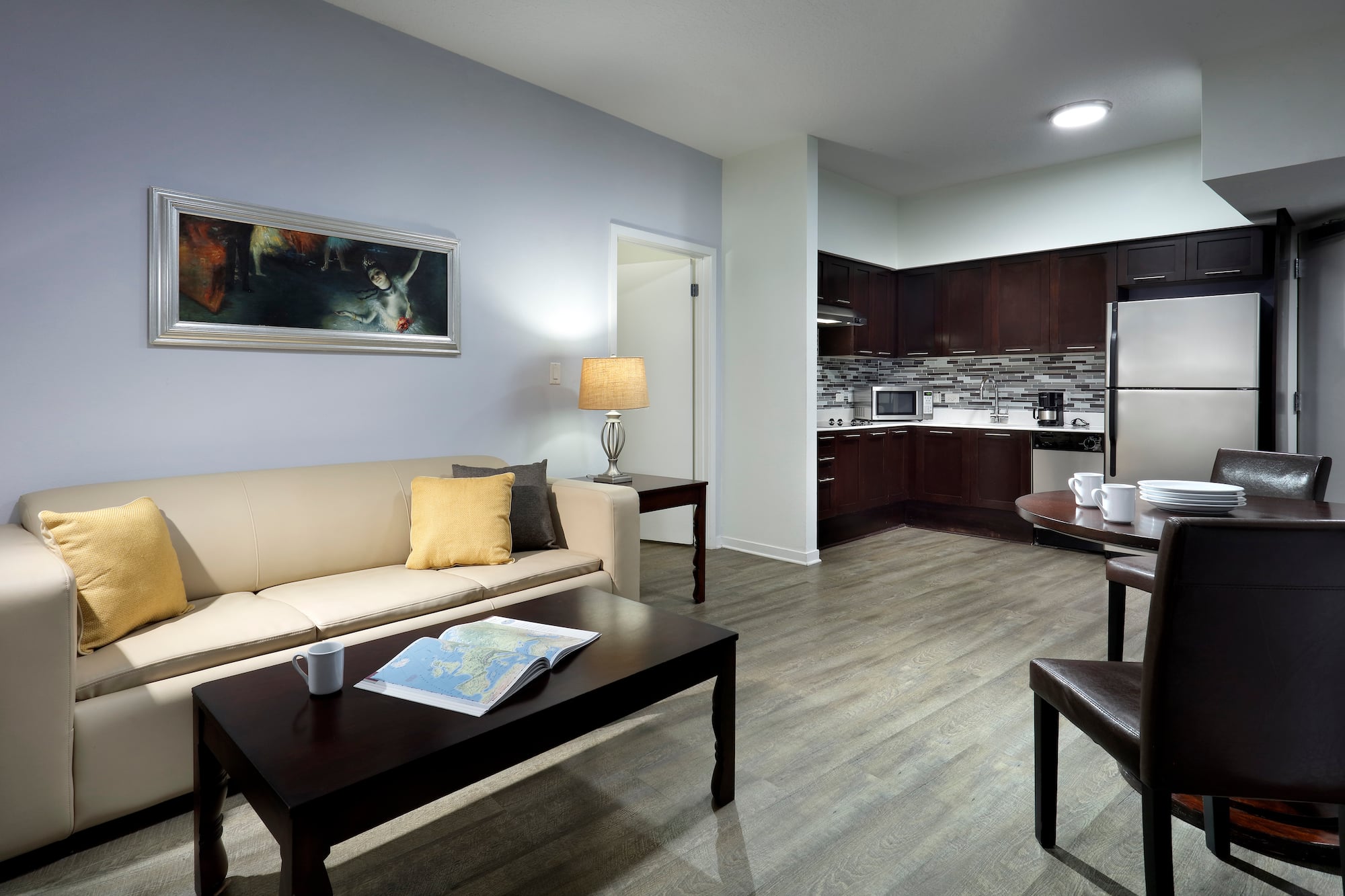 a living room with a couch and coffee table