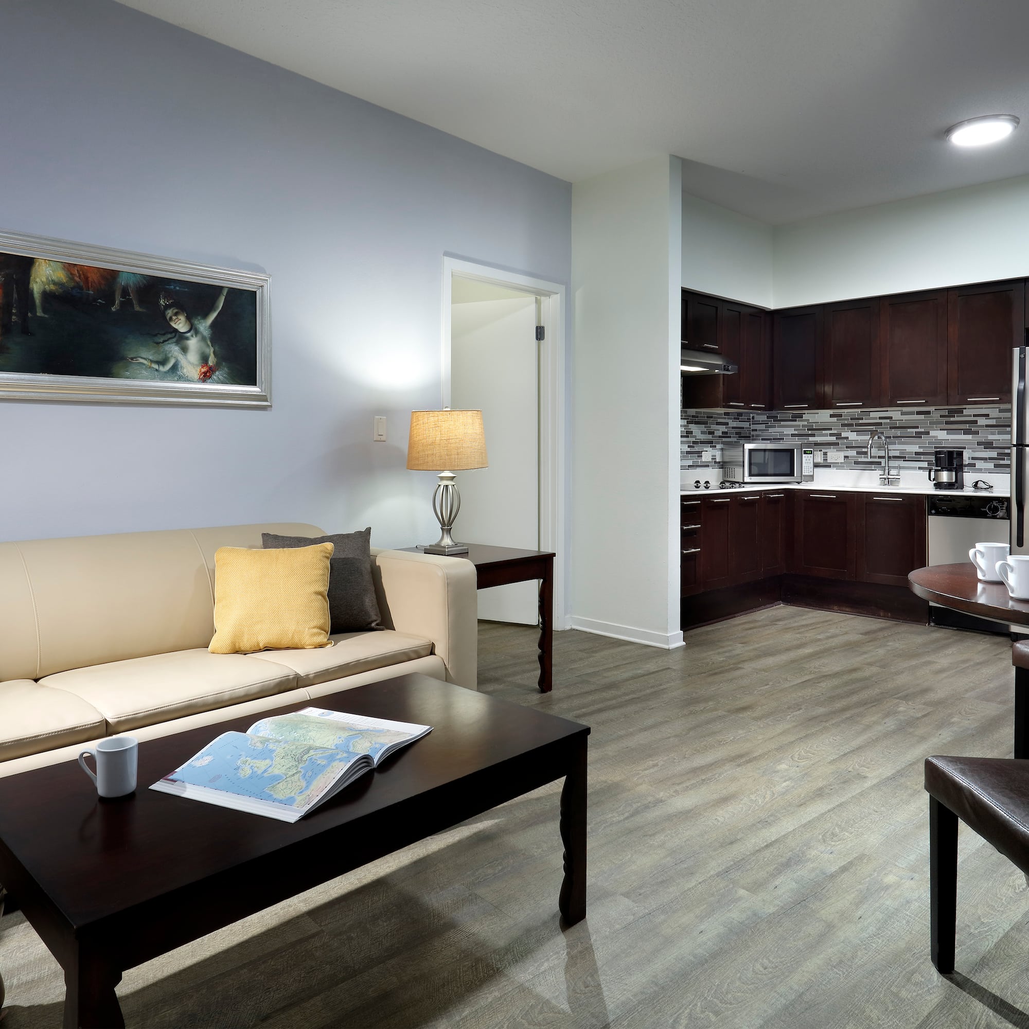a living room with a couch and coffee table
