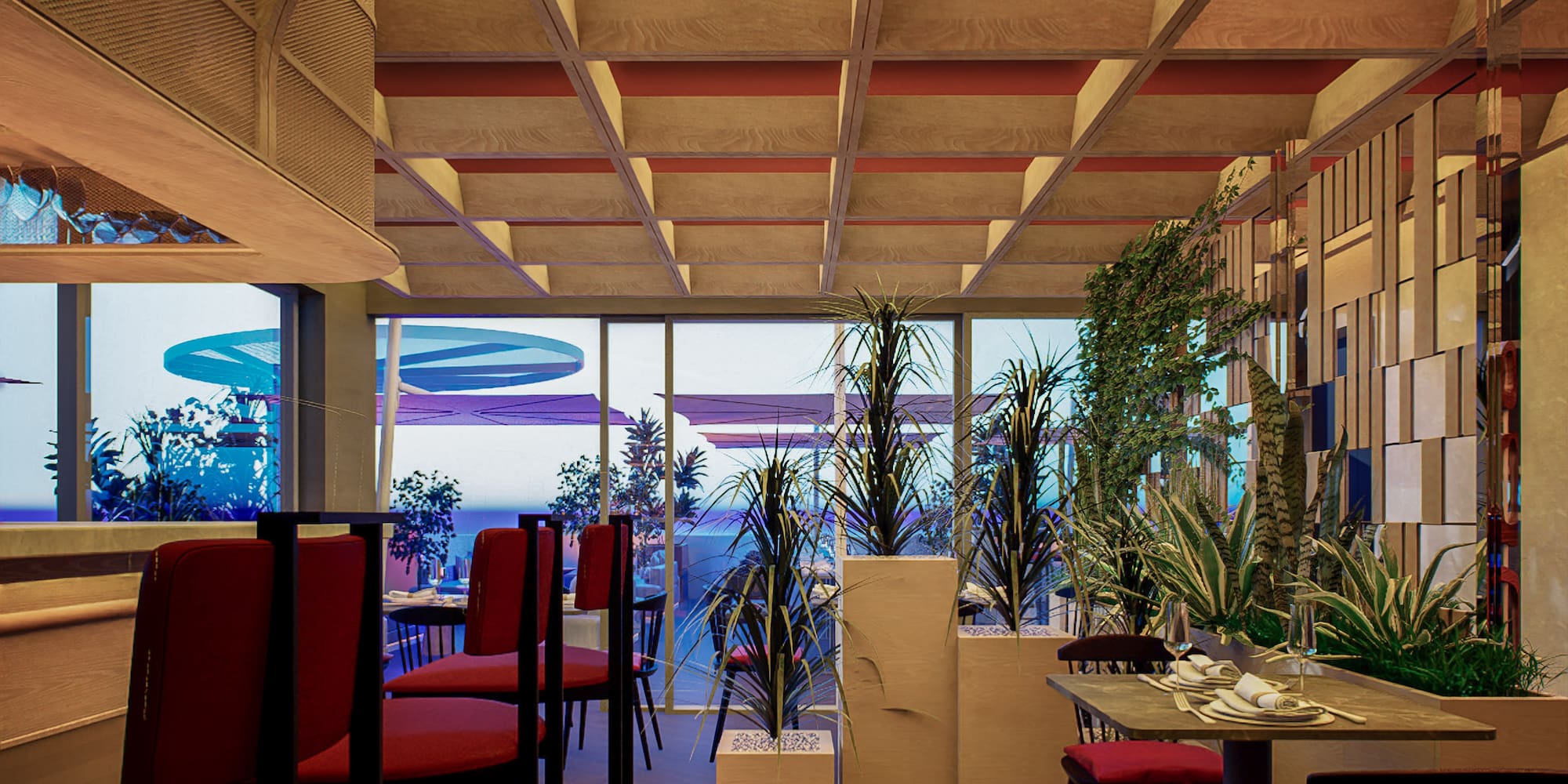 a room with a table and chairs and plants