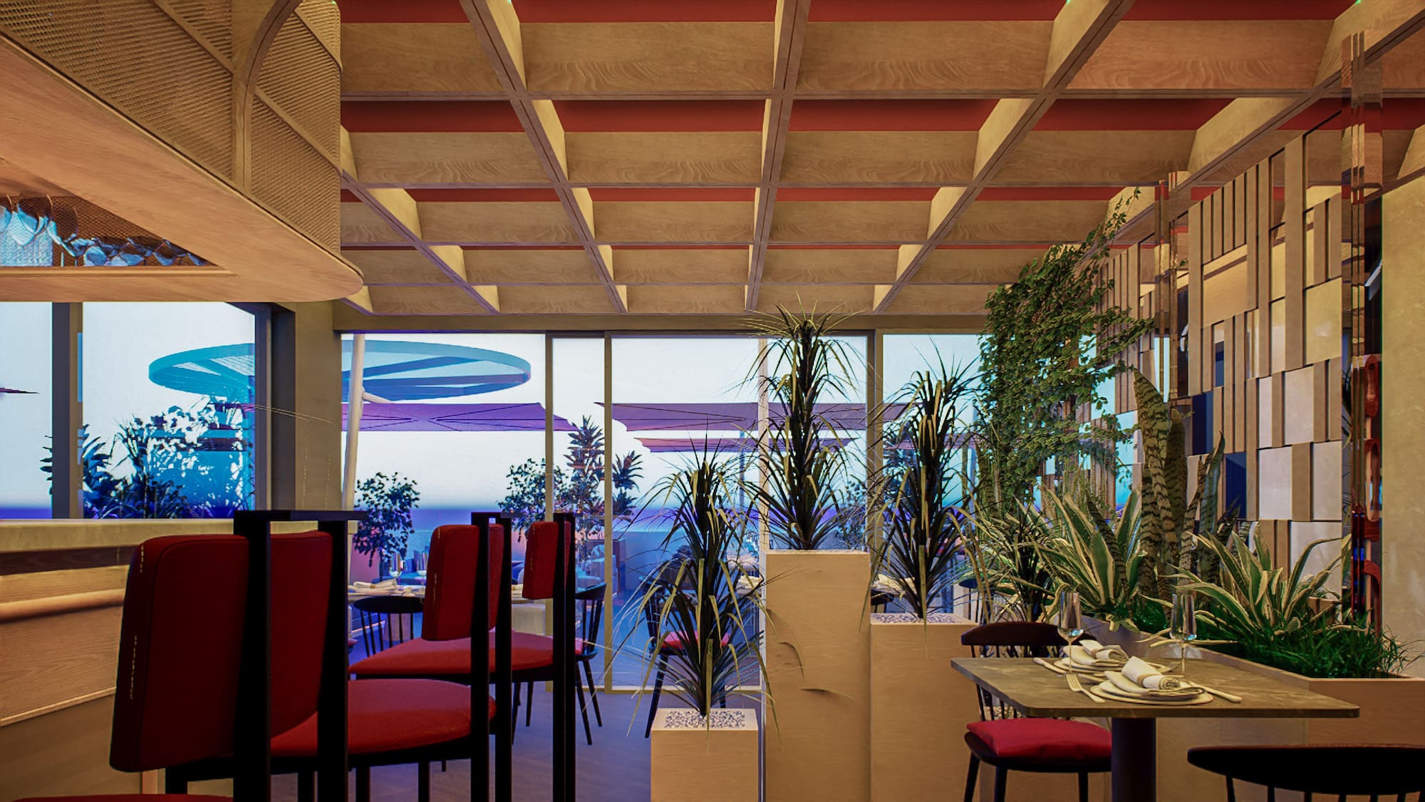 a room with a table and chairs and plants