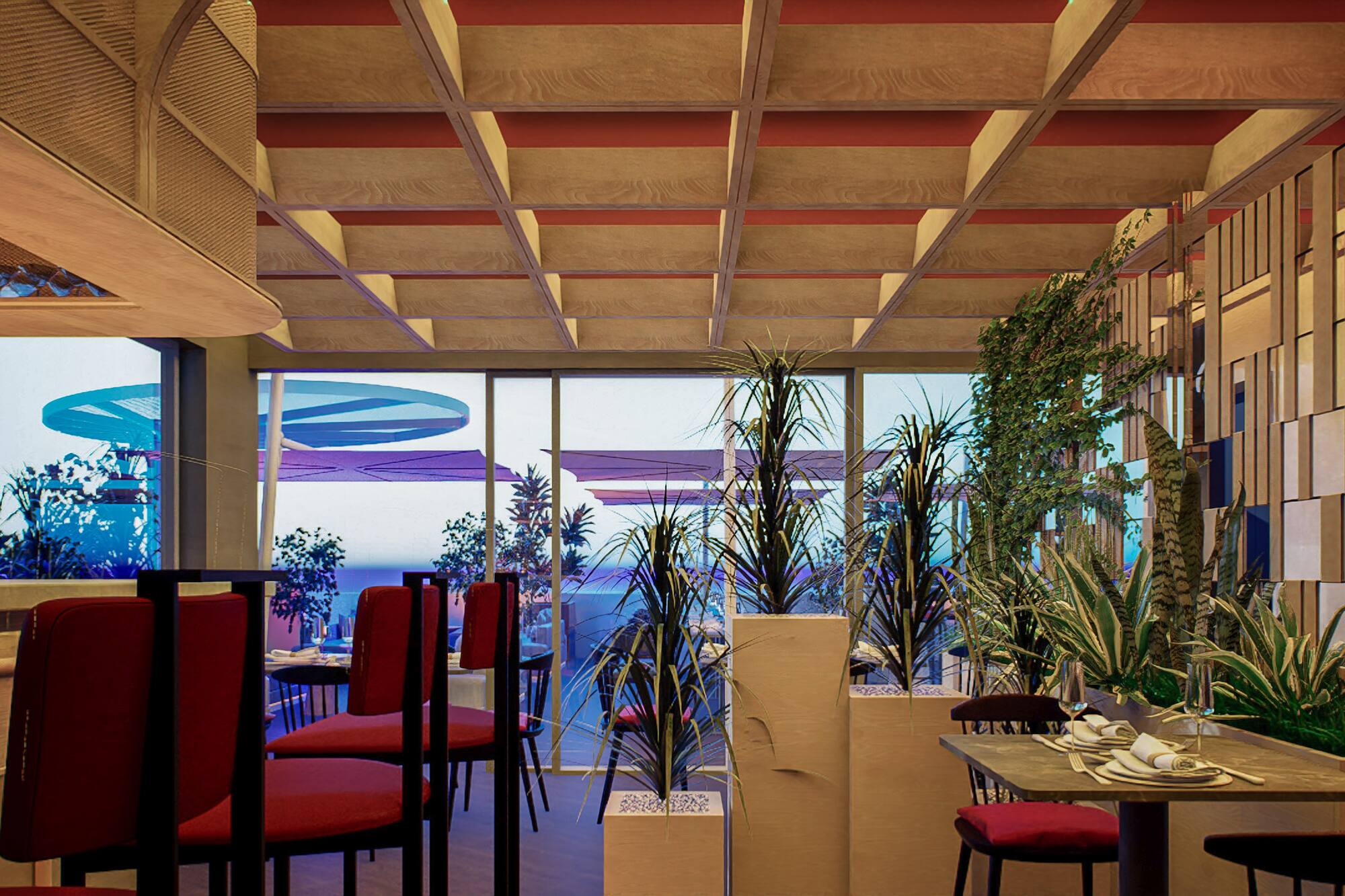 Modern restaurant interior with red chairs, indoor plants, and wooden ceiling.