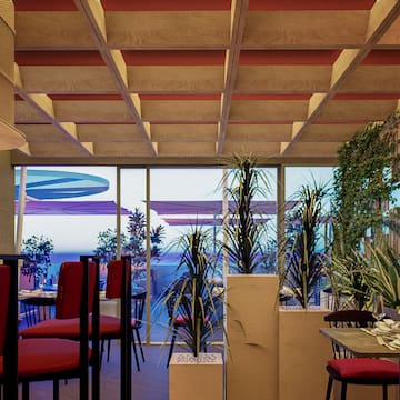 a room with a table and chairs and plants