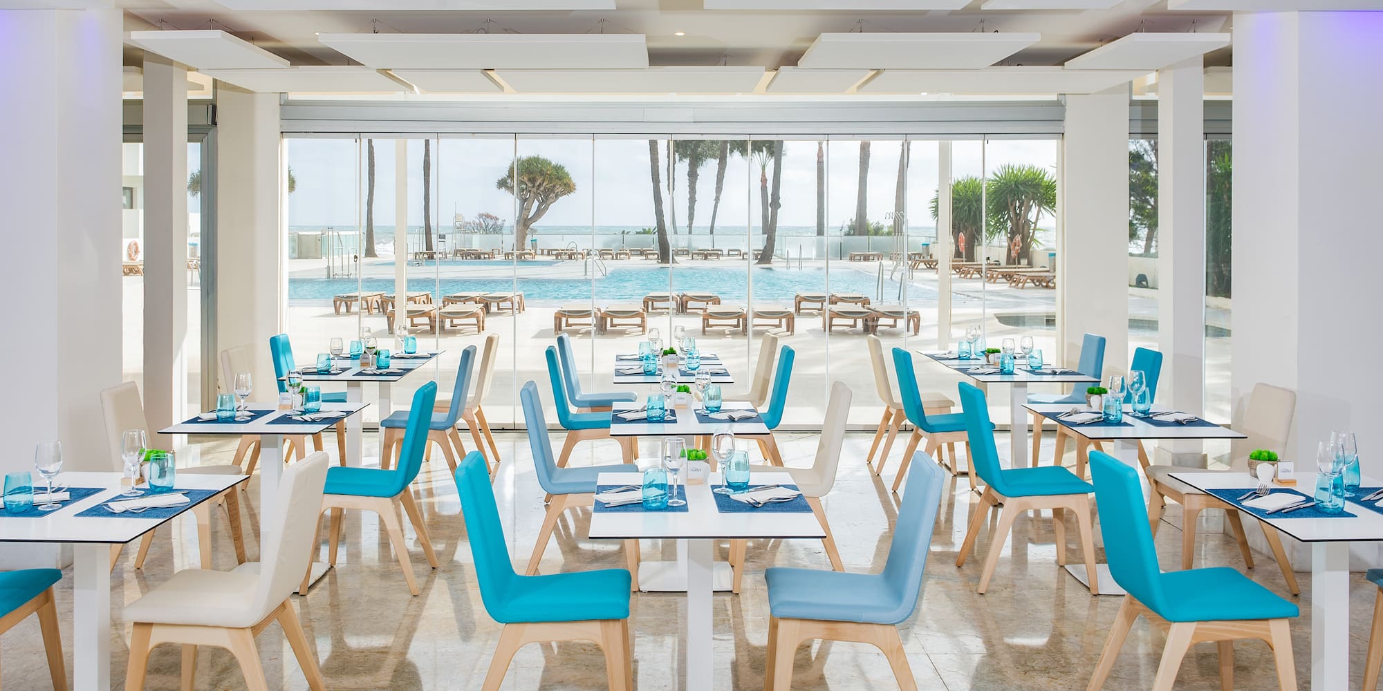 a room with tables and chairs