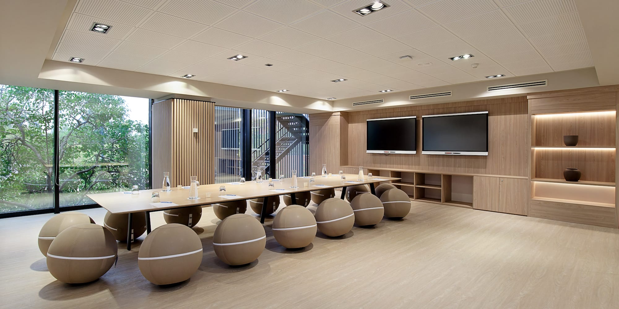 a room with a table and chairs