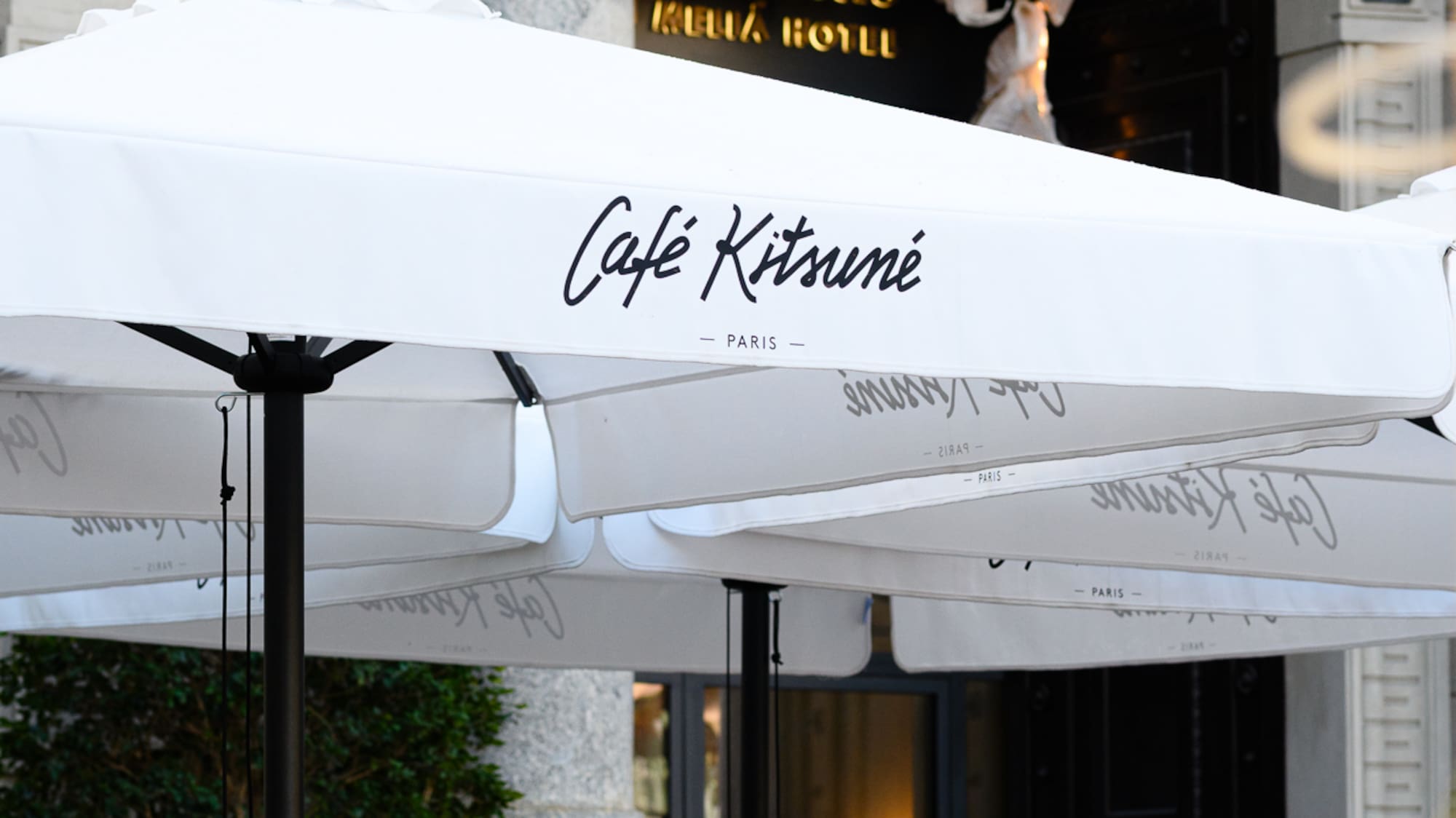 a group of white umbrellas outside of a building