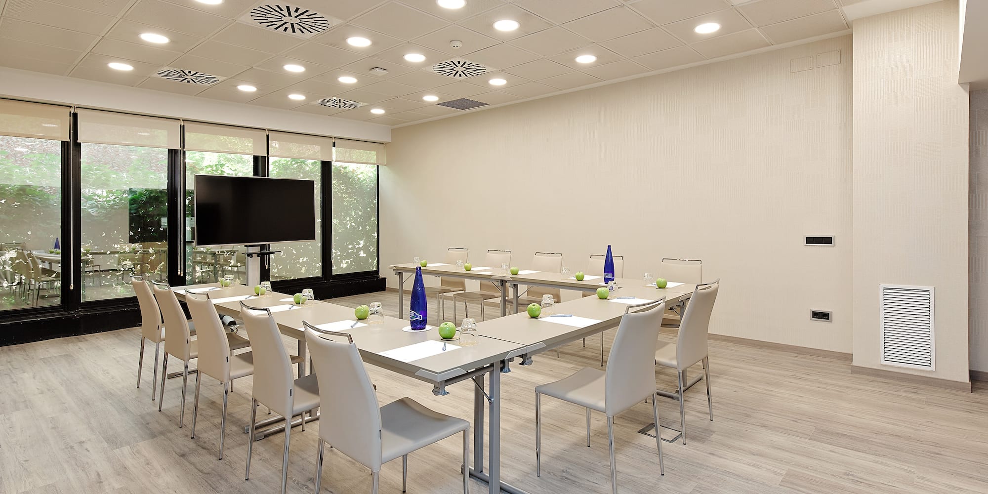 a room with a table and chairs