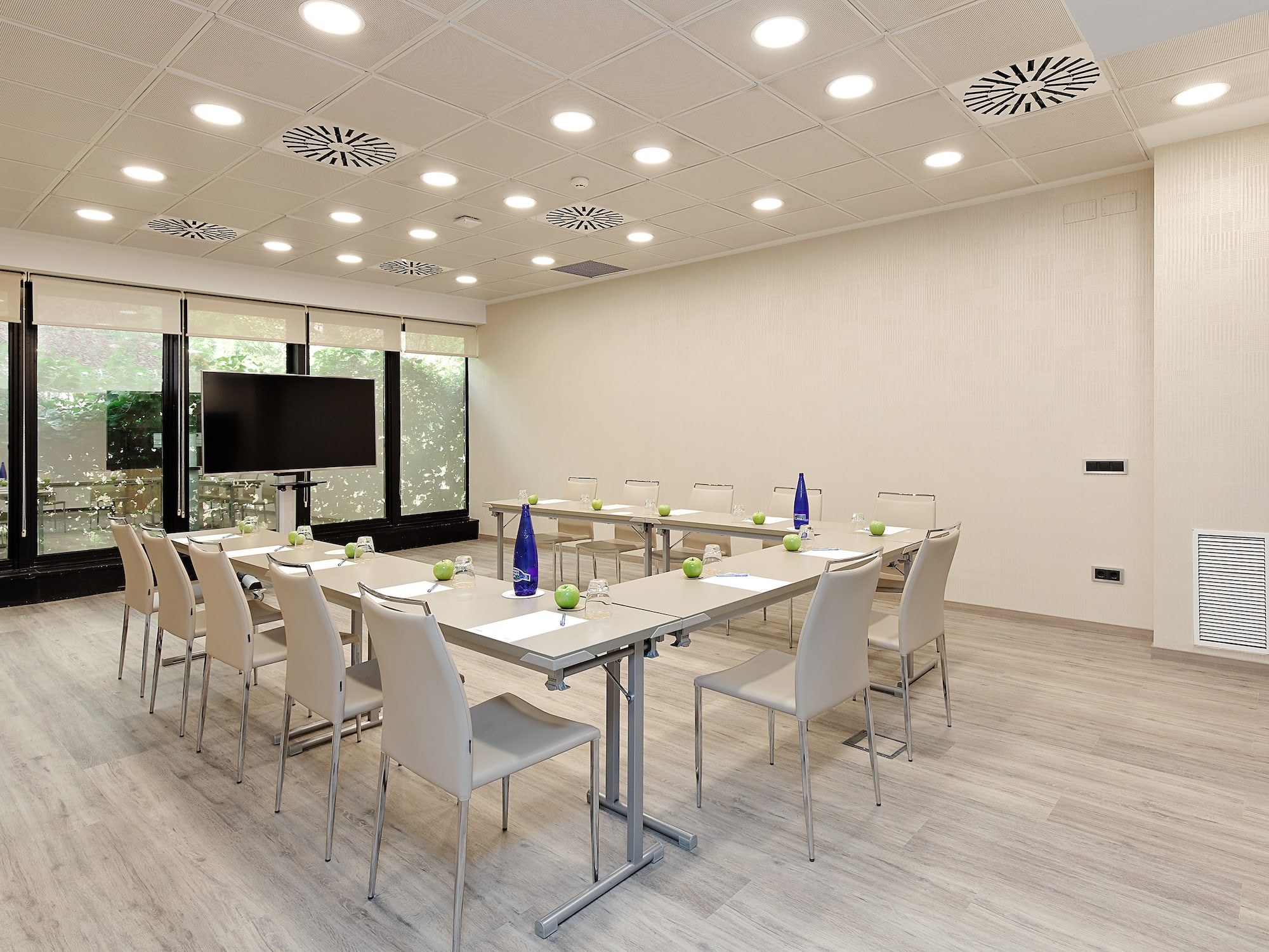 a room with a table and chairs