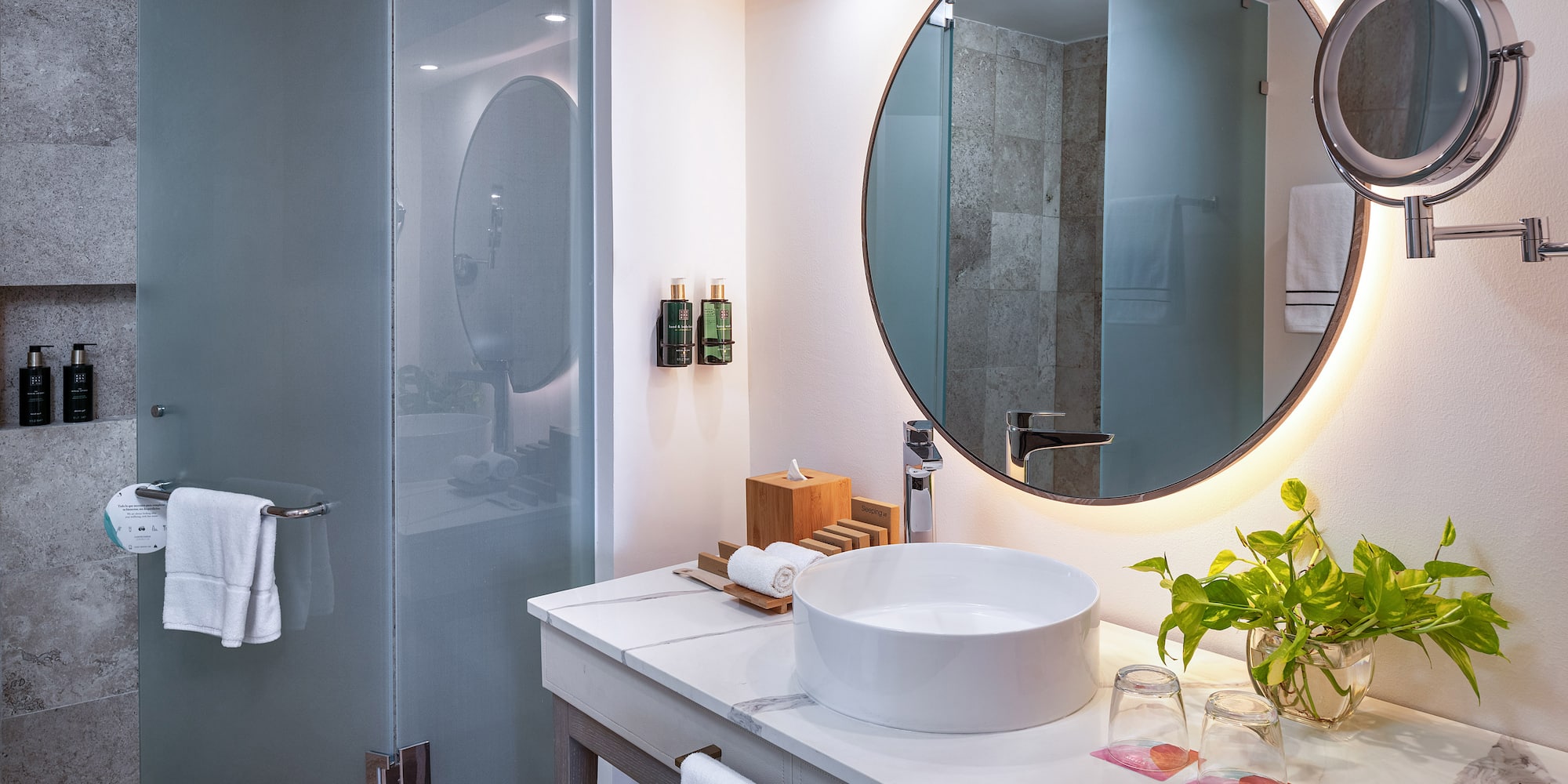 a bathroom with a round mirror and a plant
