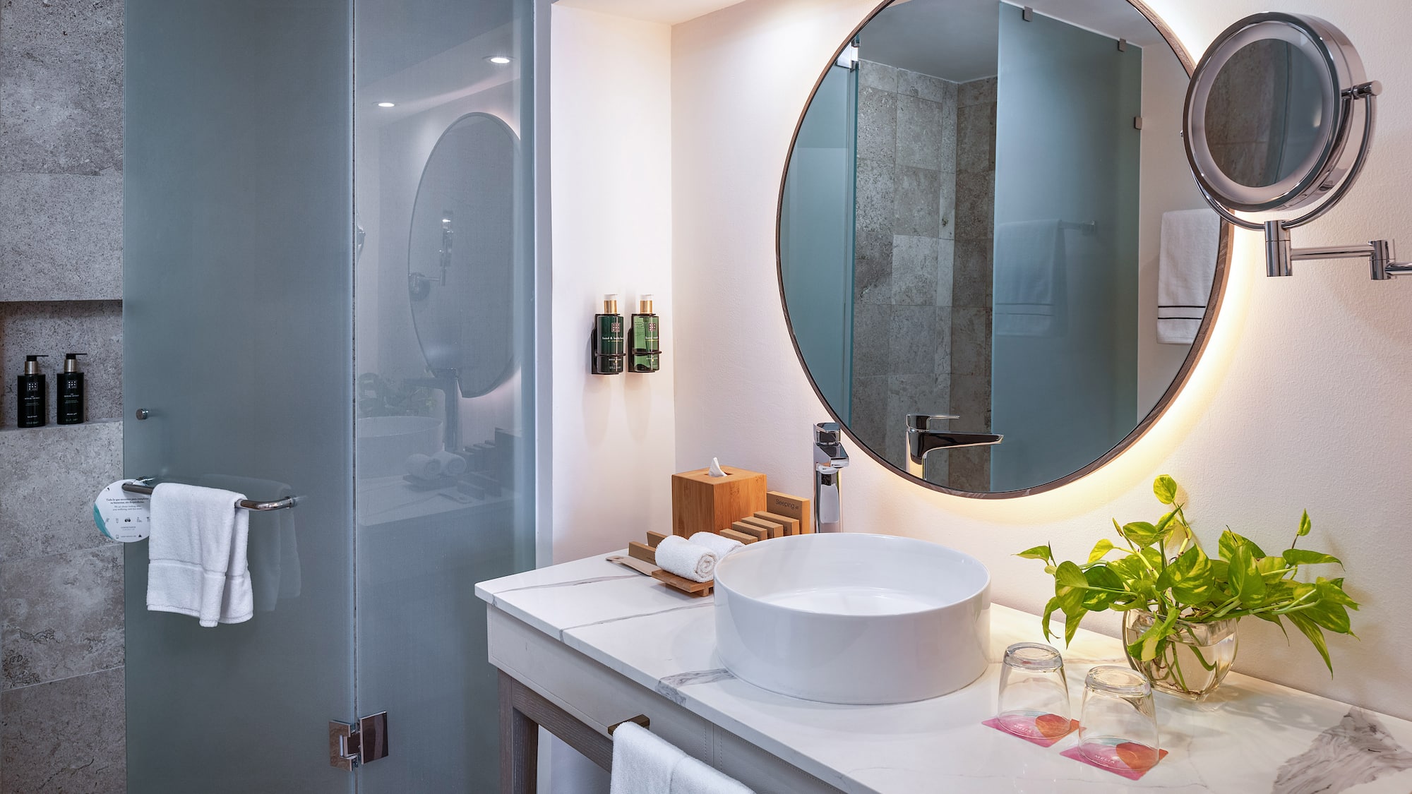 a bathroom with a round mirror and a plant