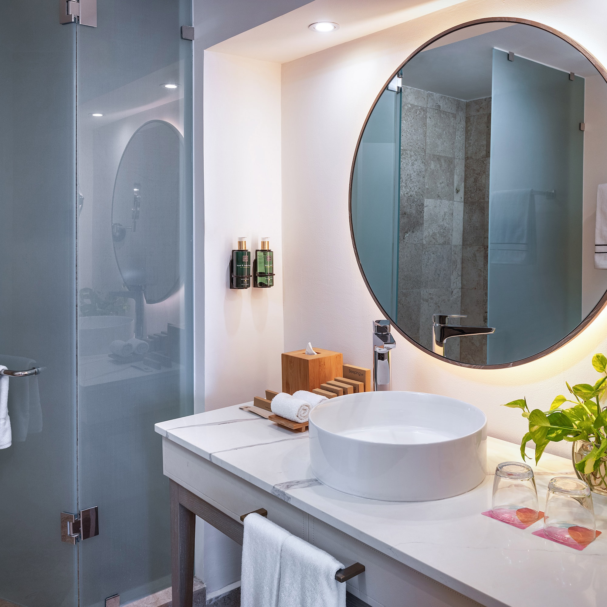 a bathroom with a round mirror and a plant