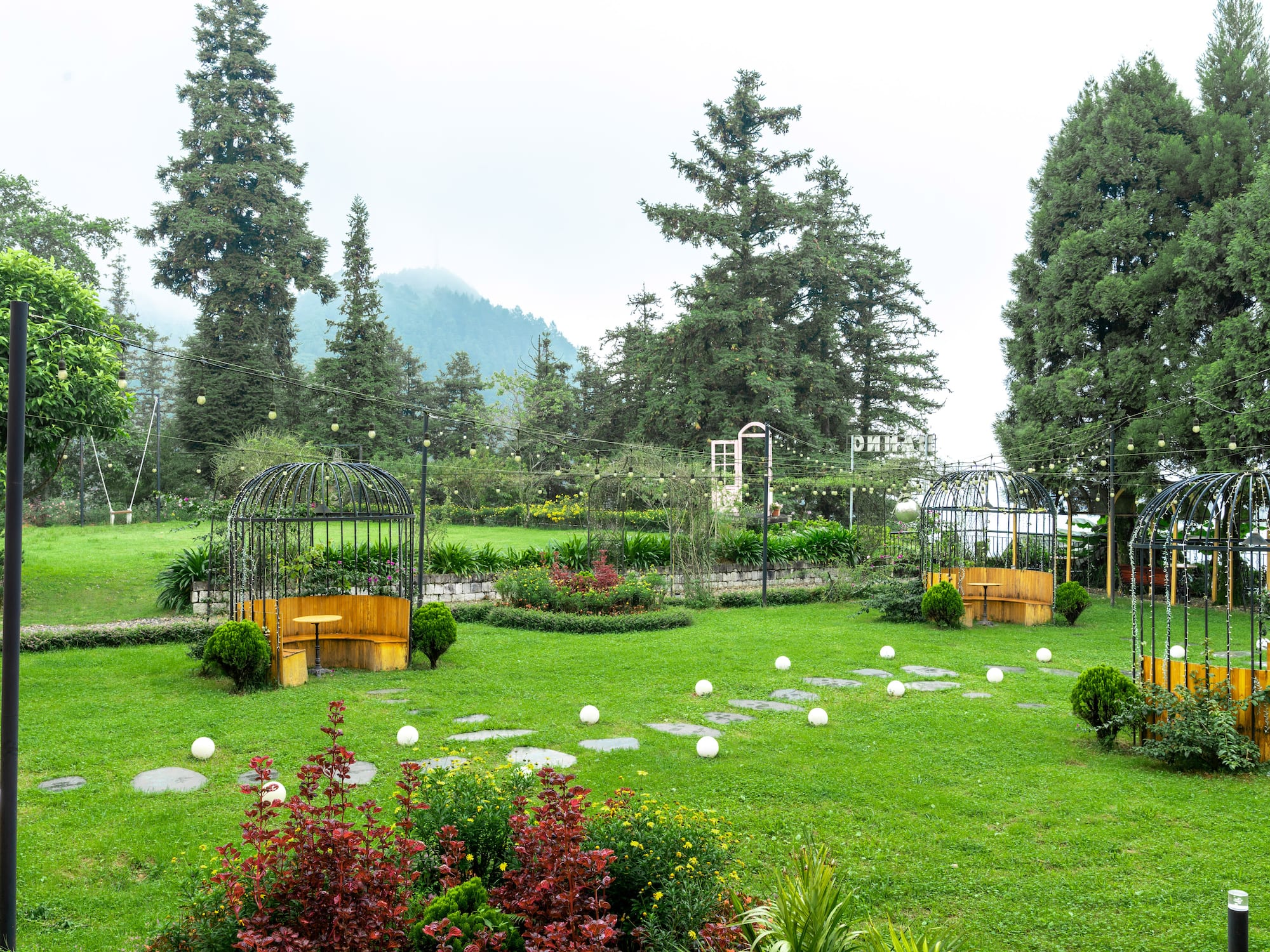 a garden with a stone path and trees