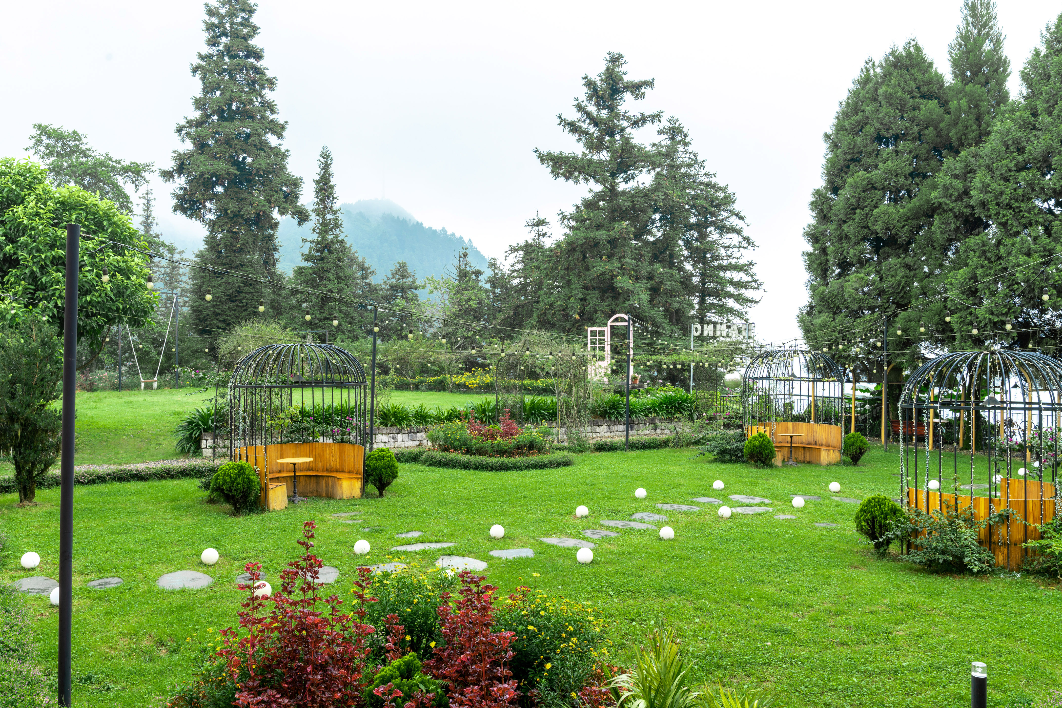 a garden with a stone path and trees