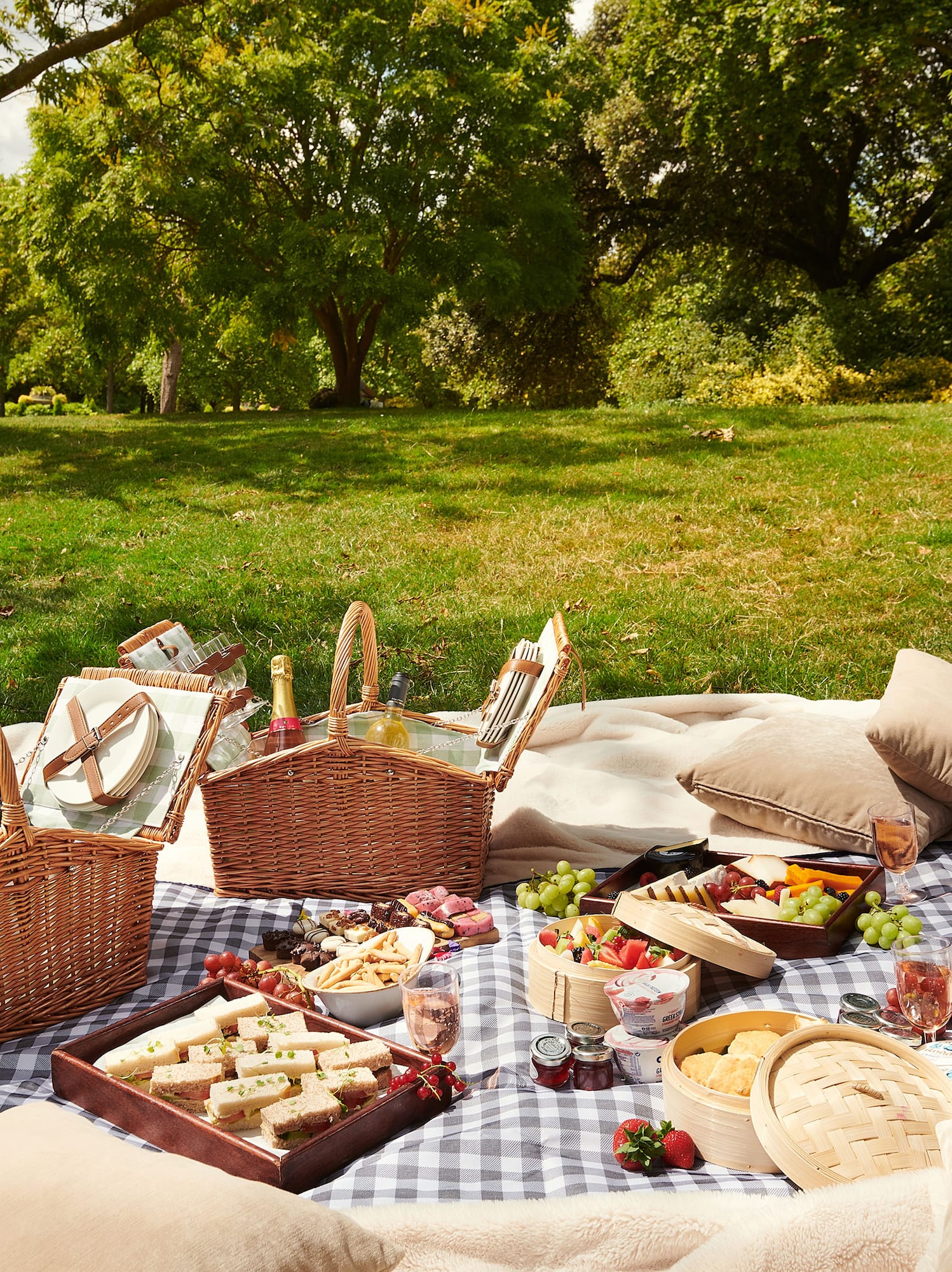 a picnic blanket with food and drinks on it
