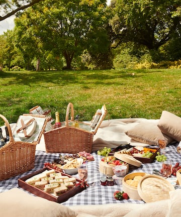 a picnic blanket with food and drinks on it