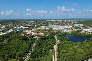 a landscape with trees and buildings