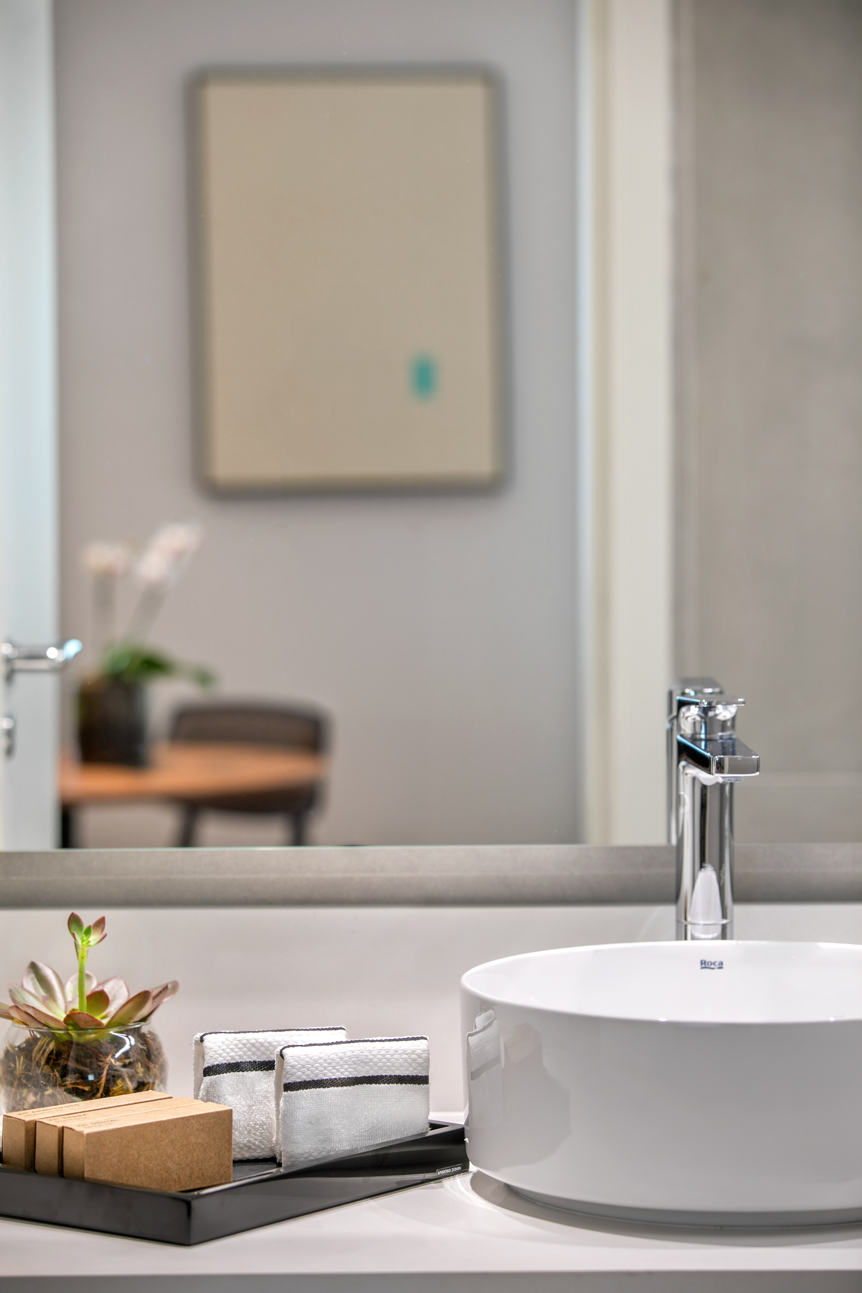 Modern bathroom vanity with white sink, chrome faucet, succulent, and toiletries.