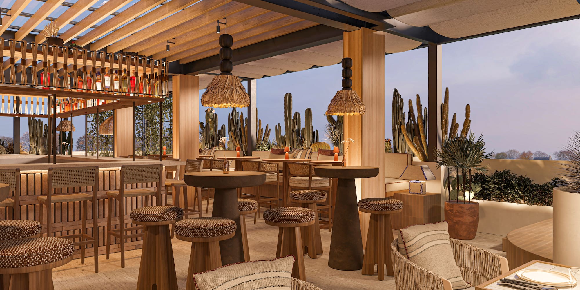 Modern outdoor restaurant bar with wooden pergola, cacti, and woven seating.