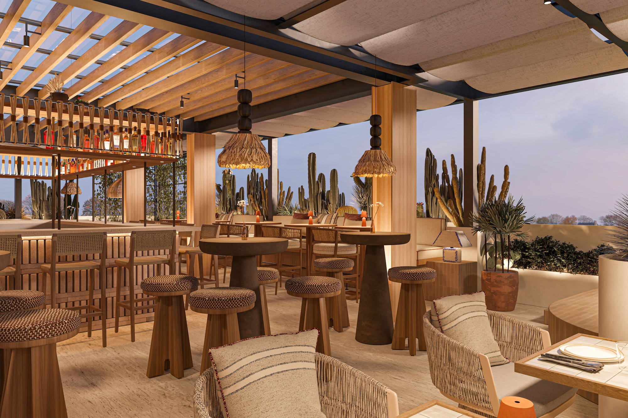 Modern outdoor restaurant bar with wooden pergola, cacti, and woven seating.