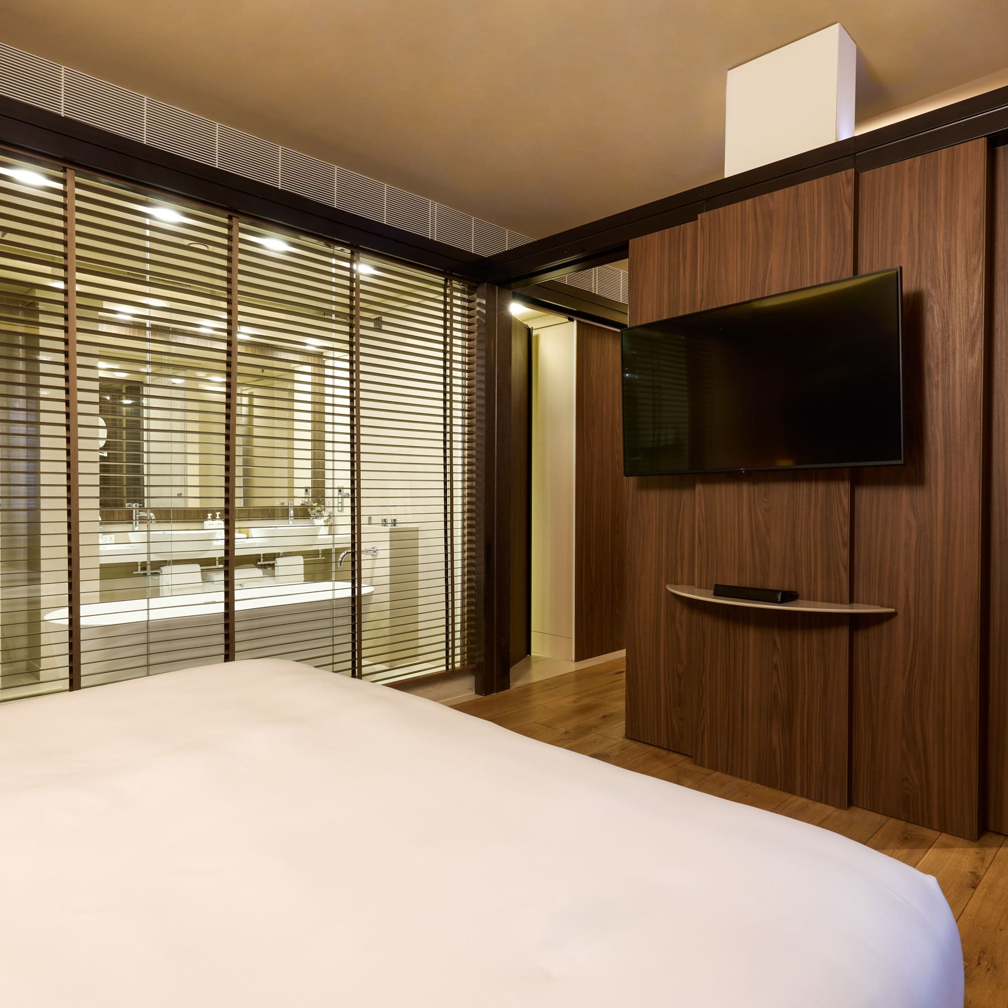 a room with a bed and a tv