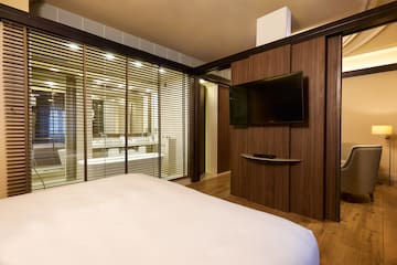 a room with a bed and a tv