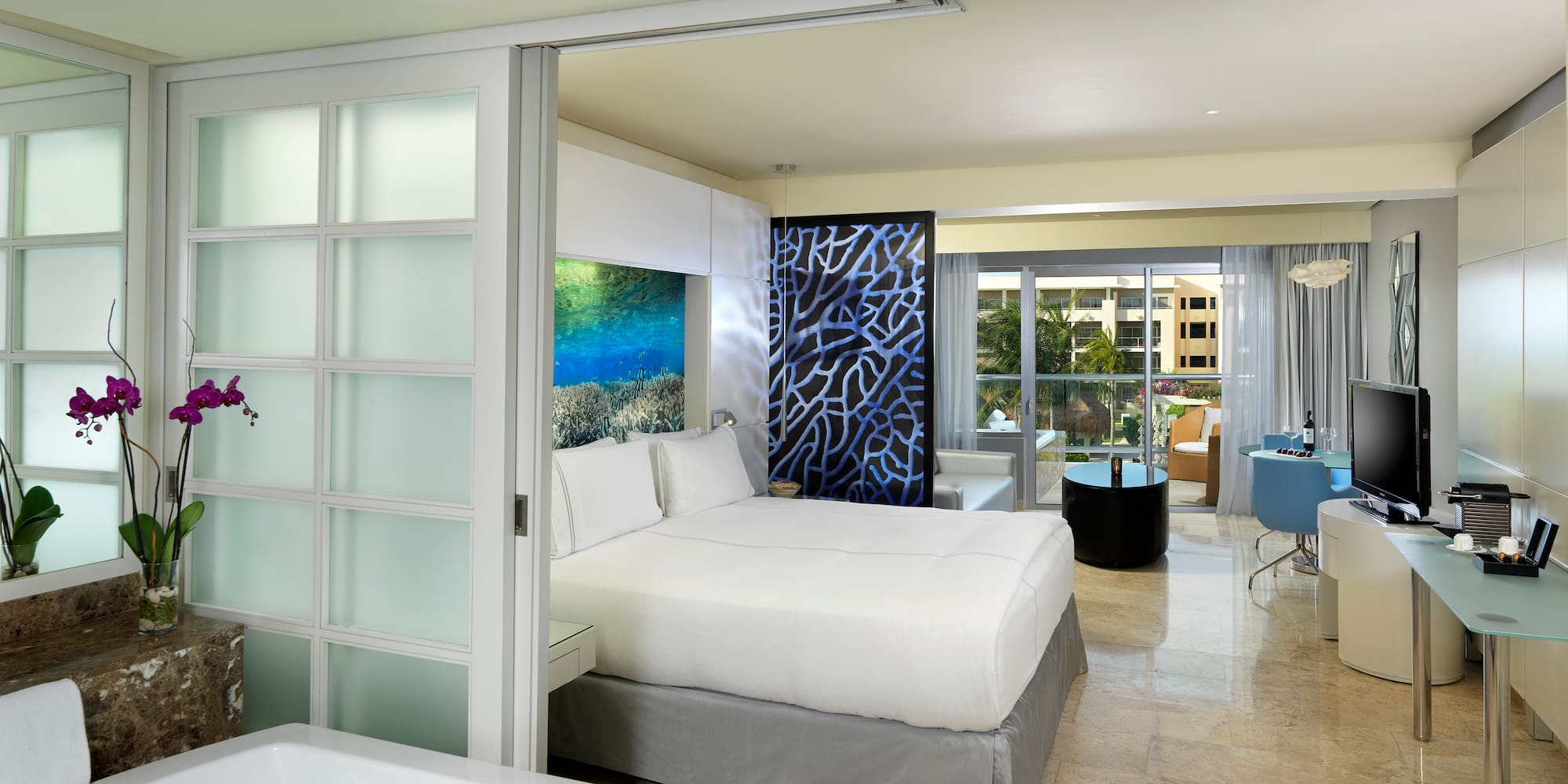 a room with a bed and a jacuzzi