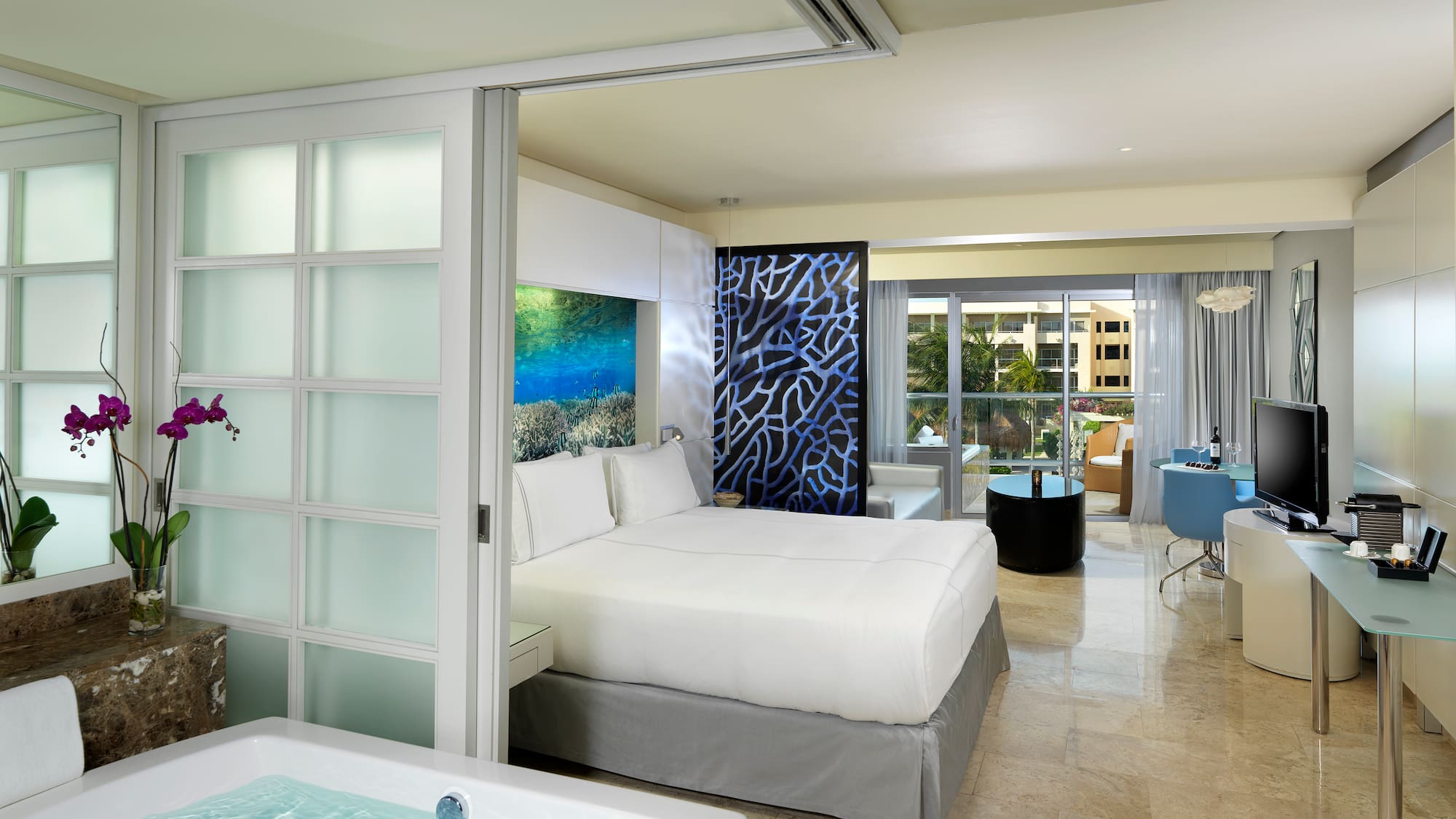 a room with a bed and a jacuzzi