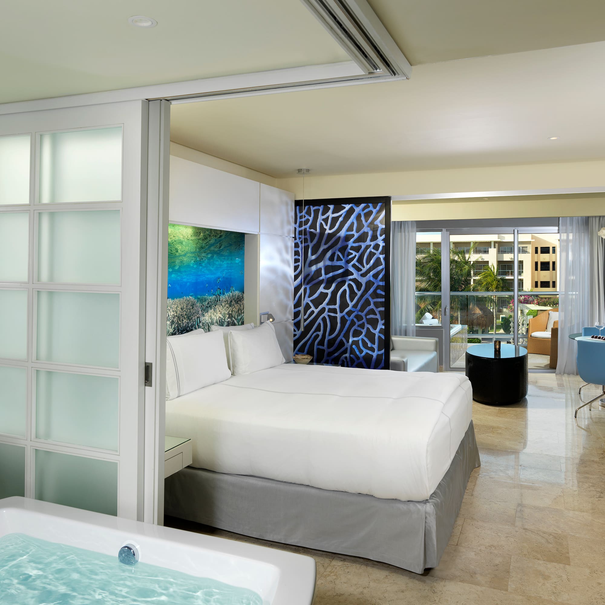 a room with a bed and a jacuzzi