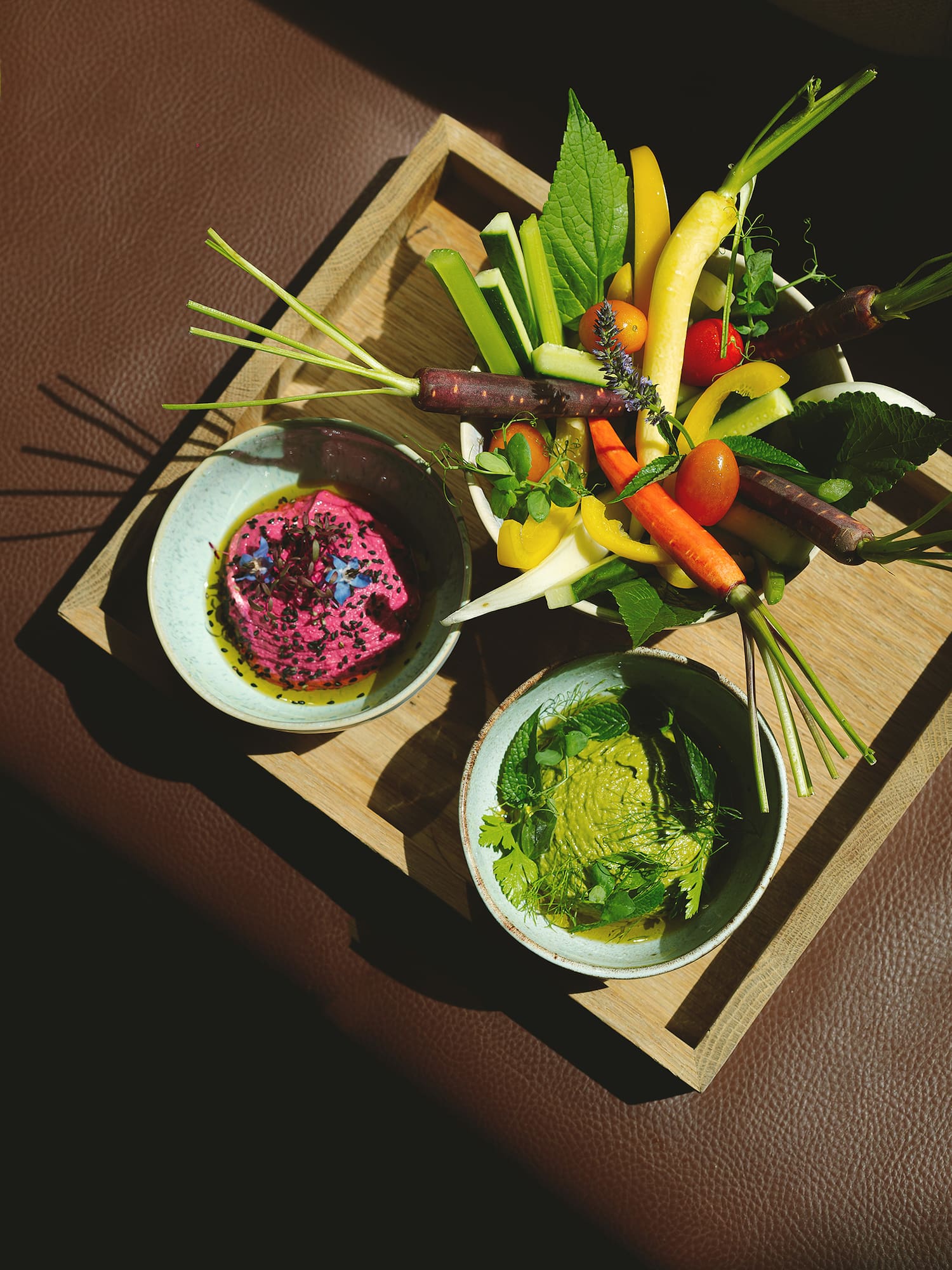 a tray of food on a brown surface