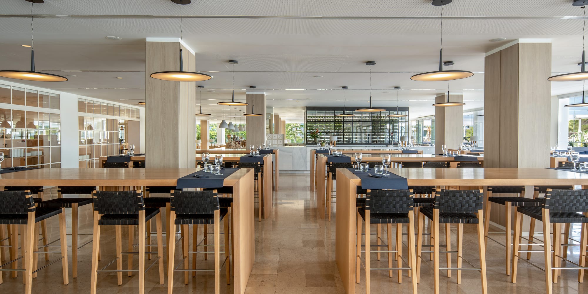 a room with tables and chairs