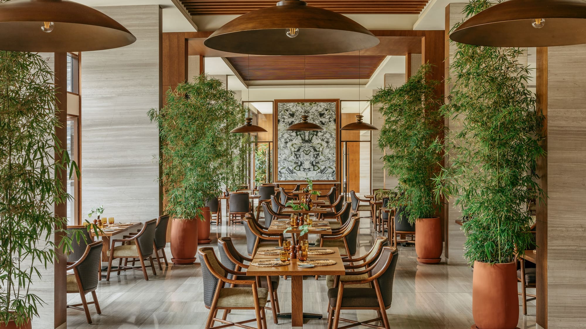 a restaurant with tables and chairs