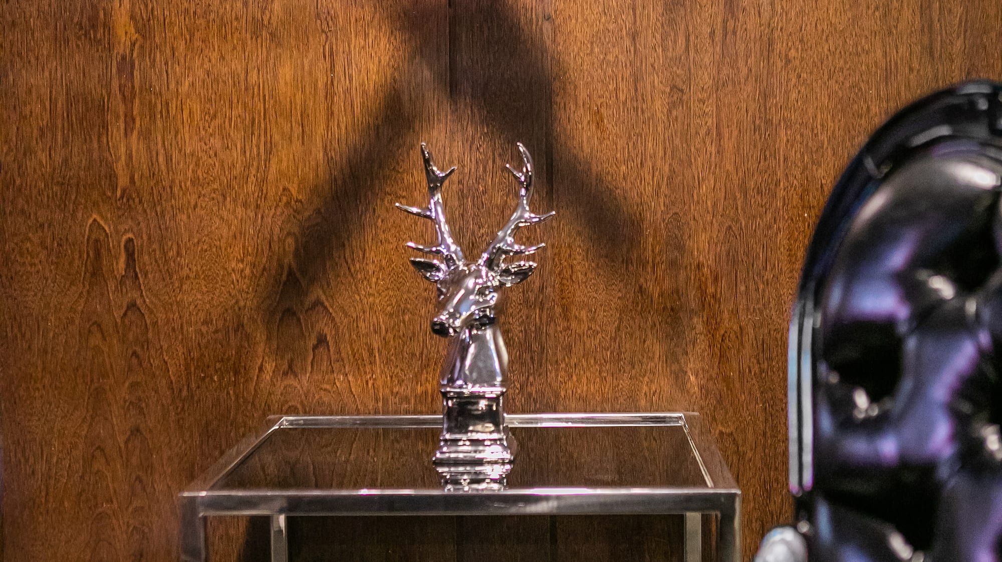 a table with a deer head on it