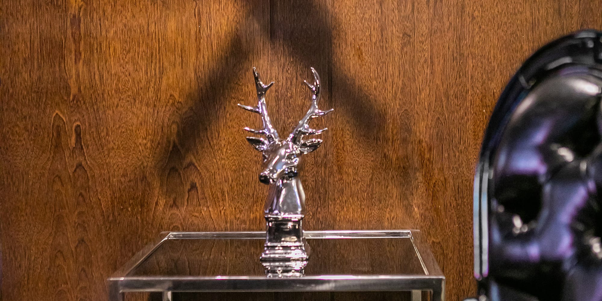 a table with a deer head on it