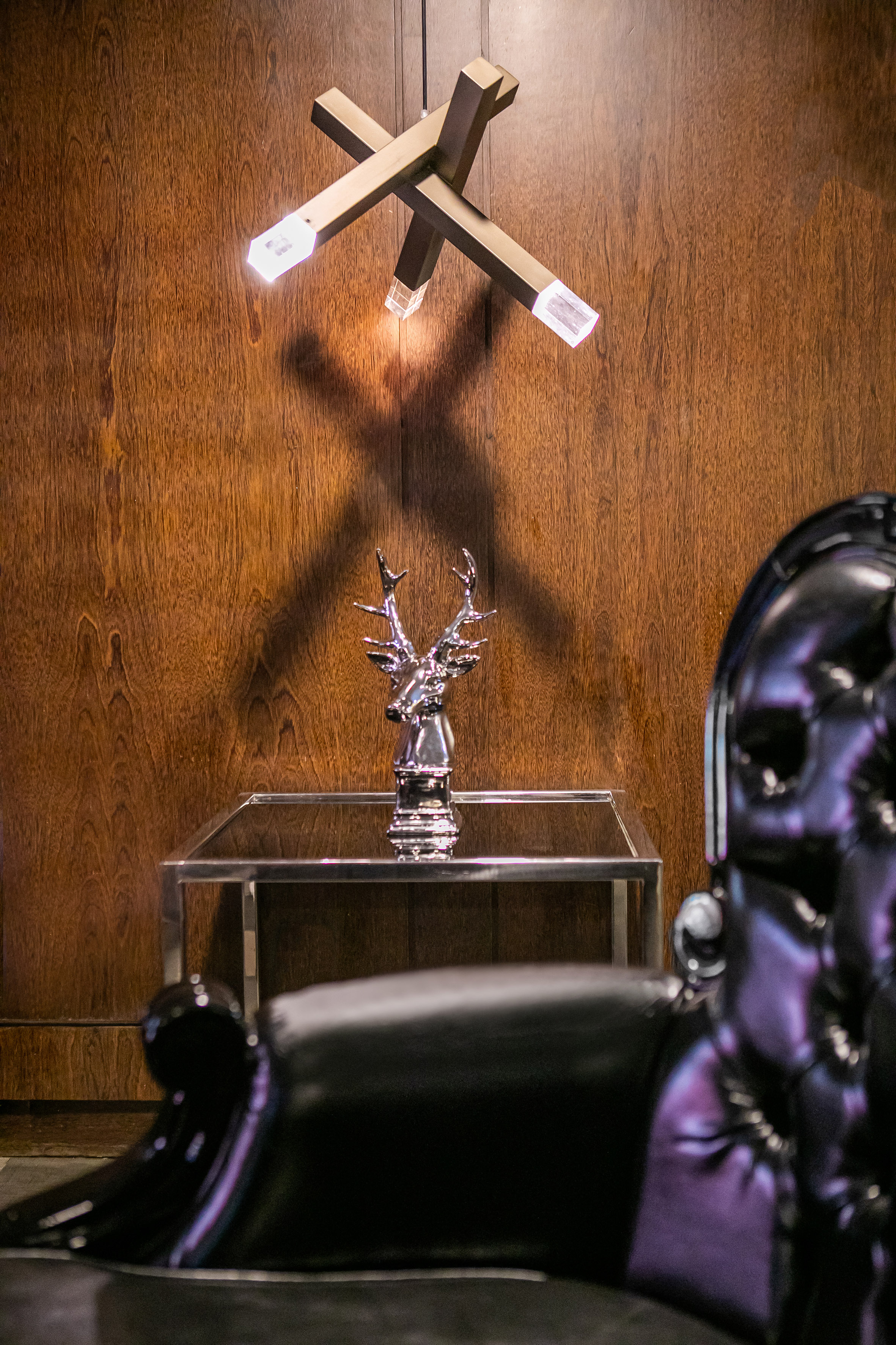 a table with a deer head on it