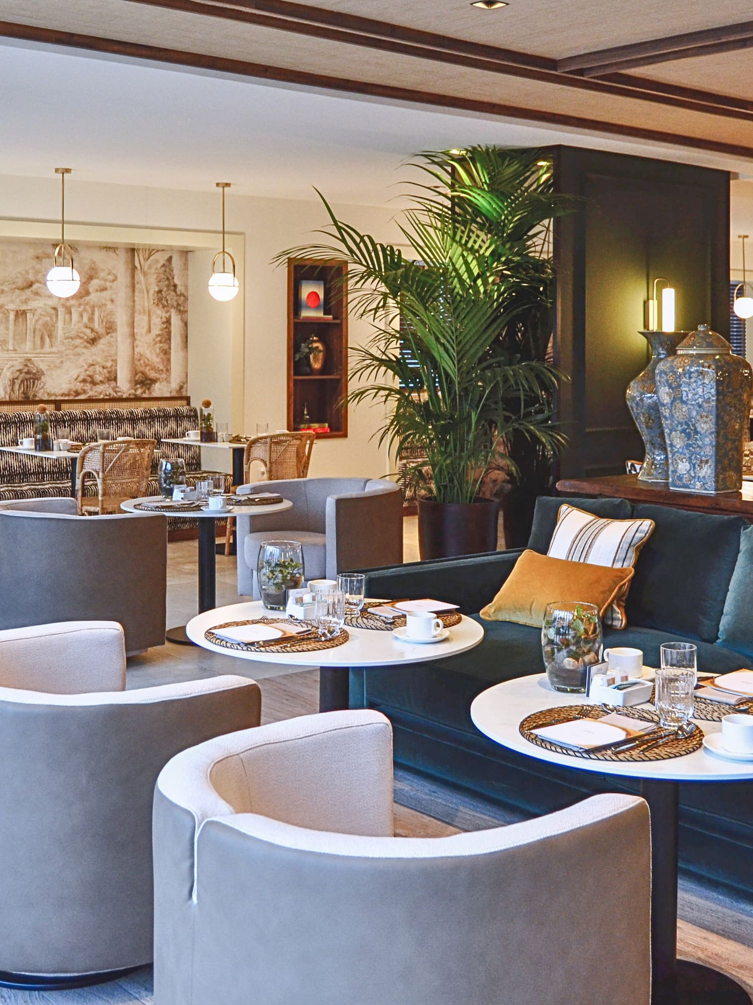 a room with tables and chairs