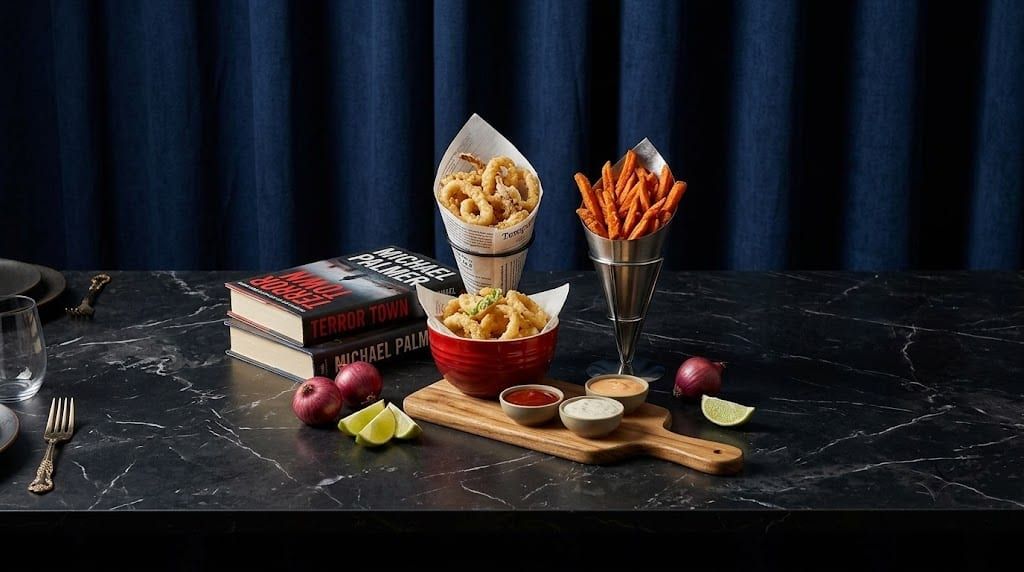 Calamari, sweet potato fries, sauces, and books on a dark marble table.