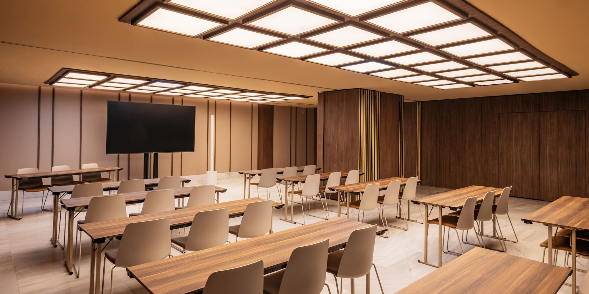 a room with tables and chairs