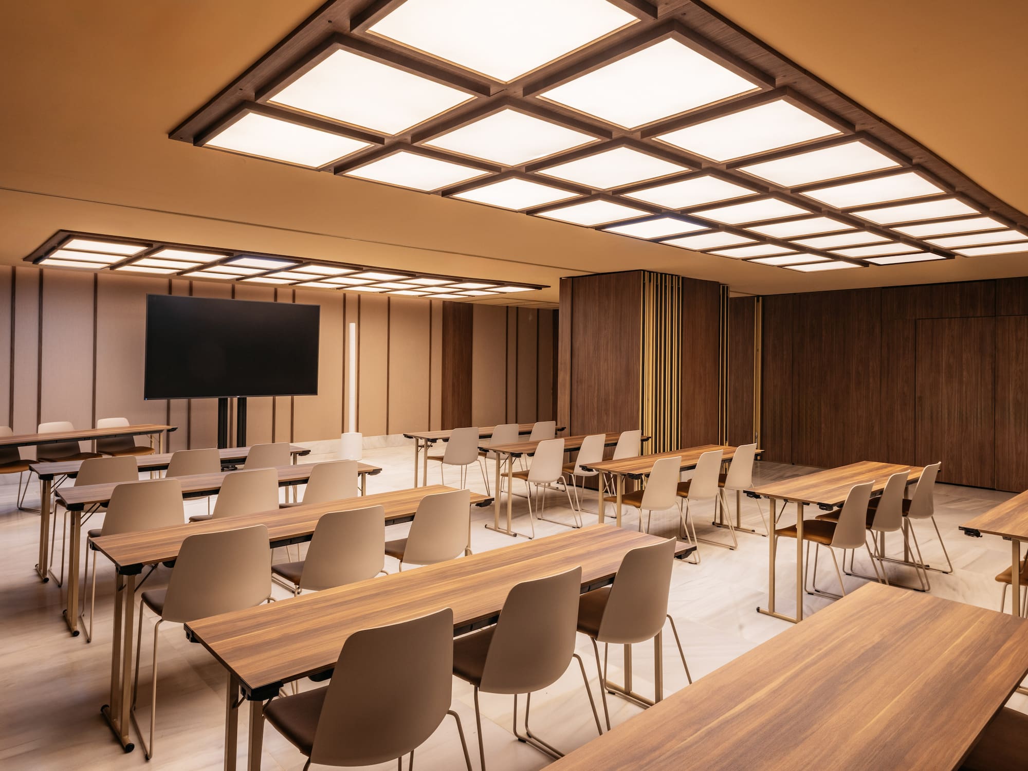 a room with tables and chairs