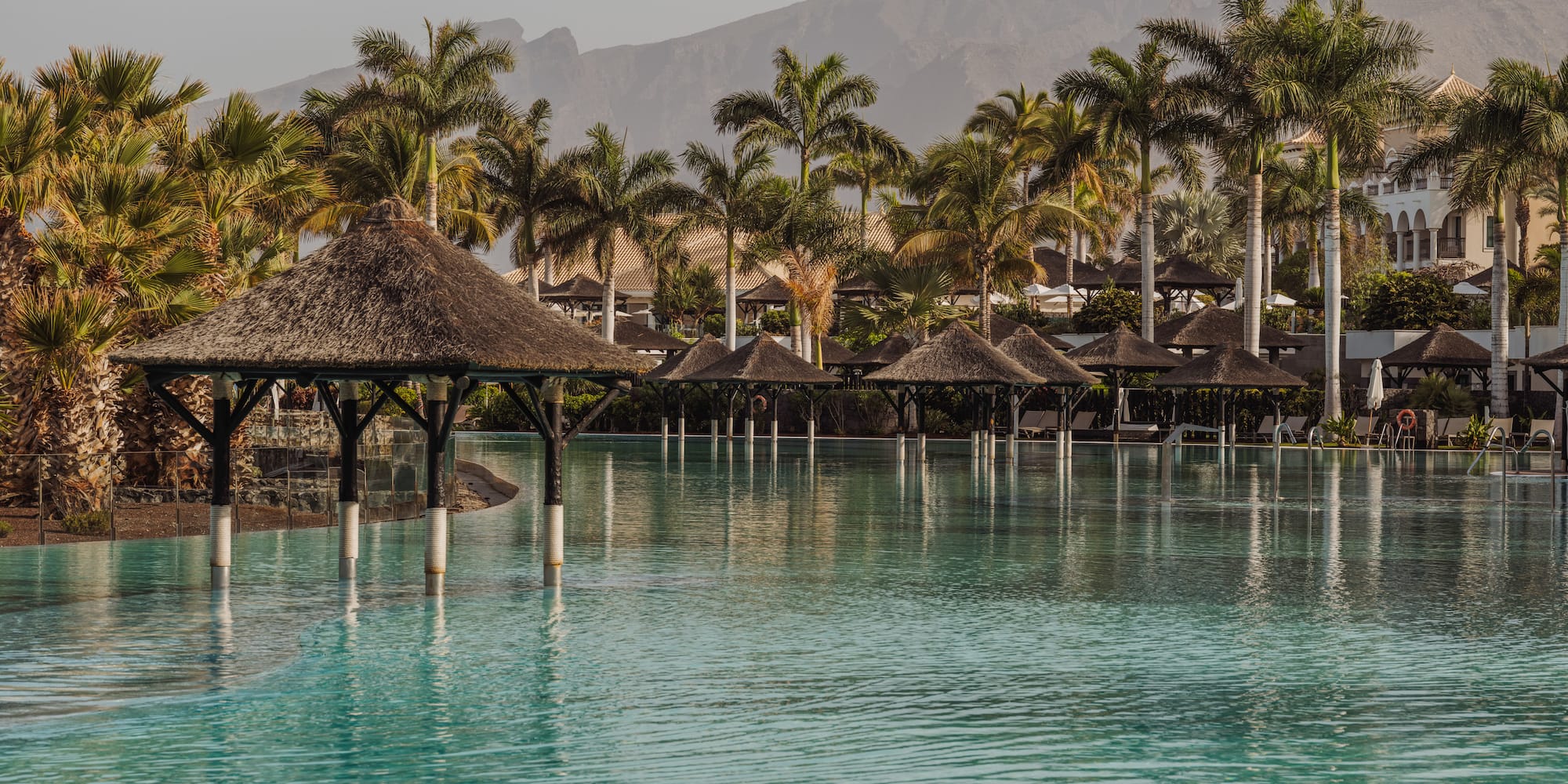 a pool with a thatched roof and palm trees