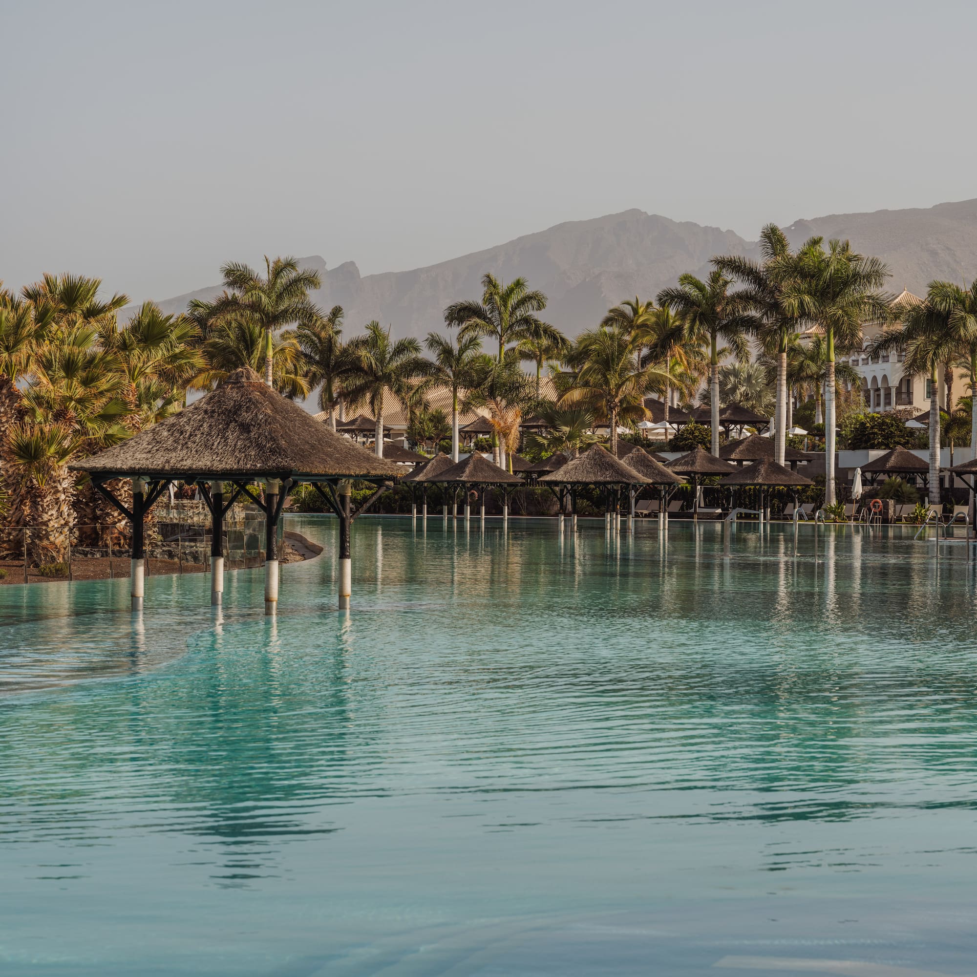 a pool with a thatched roof and palm trees