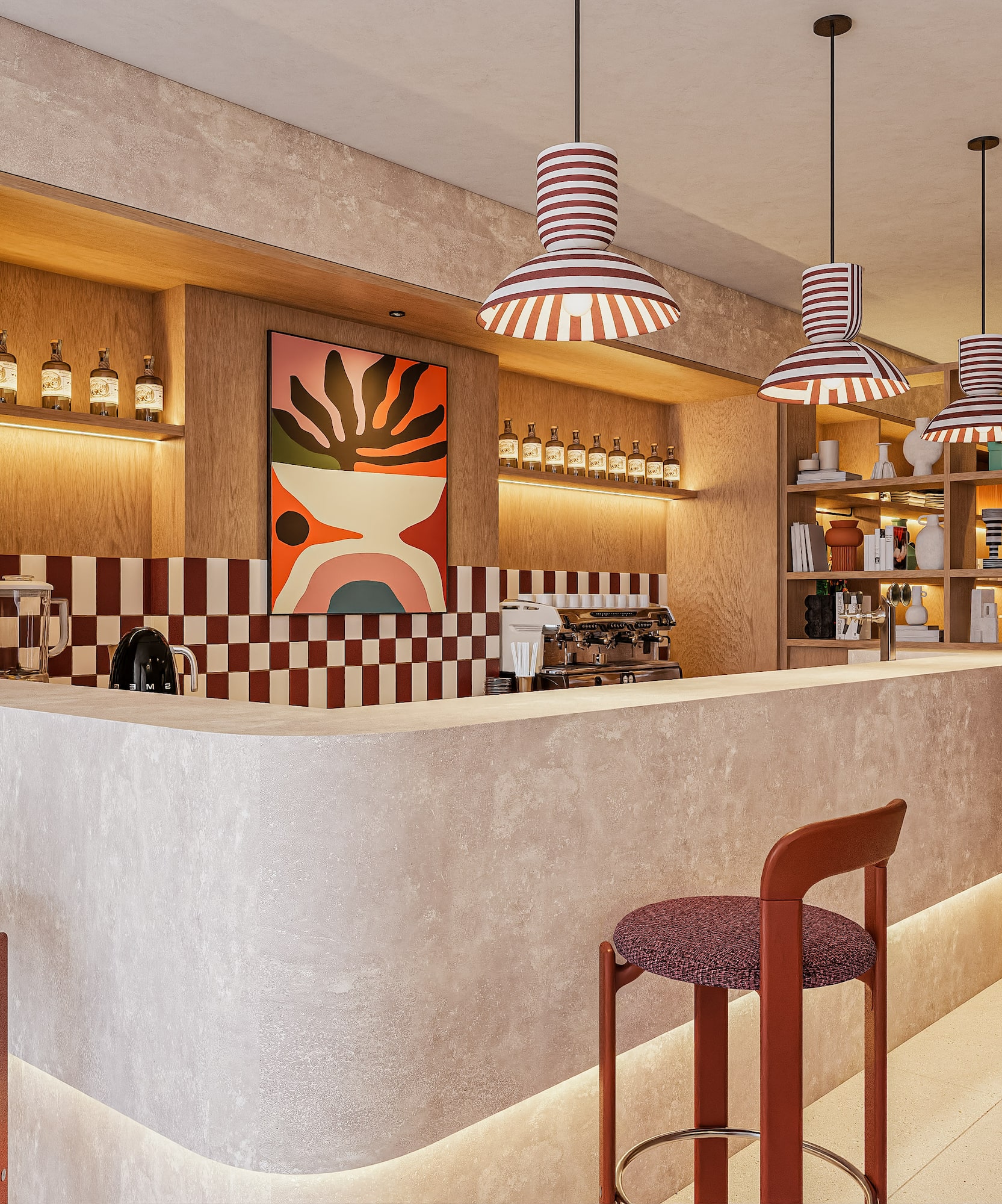 Stylish cafe bar featuring concrete counter, red stools, cactus, and abstract art.
