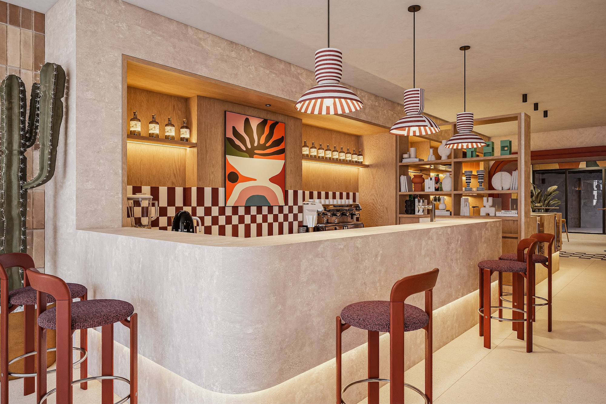 Modern cafe bar counter with red stools, espresso machine, and abstract art.
