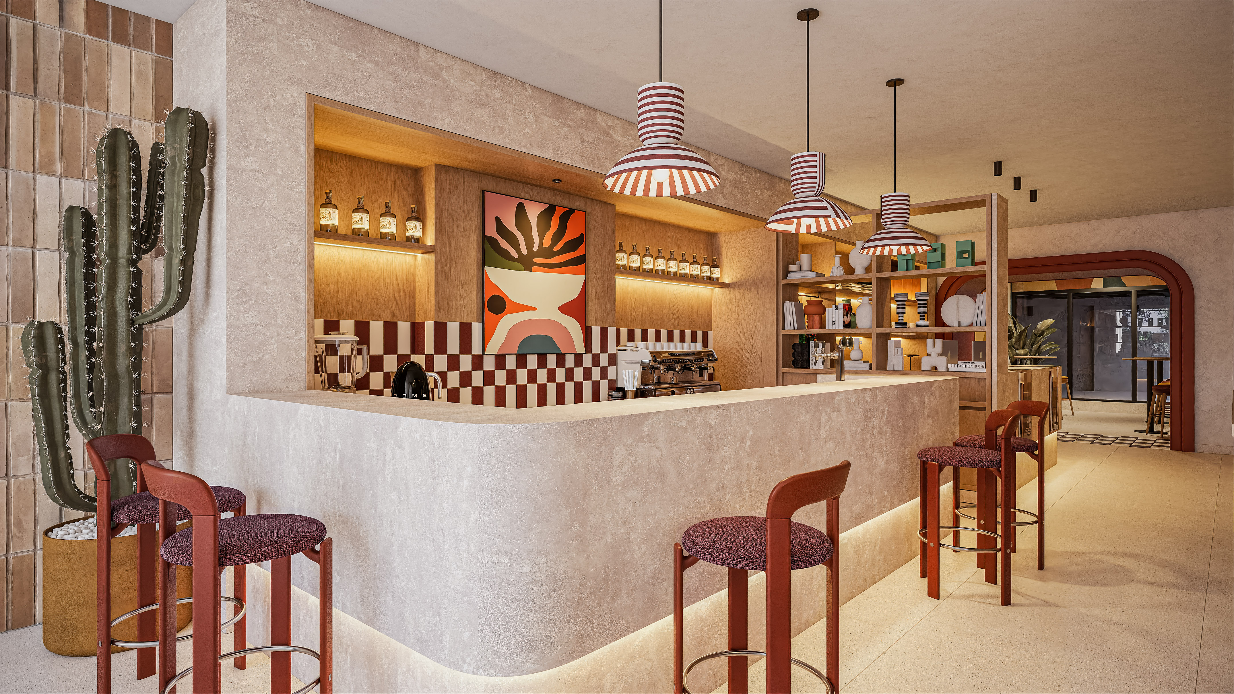 Stylish cafe bar featuring concrete counter, red stools, cactus, and abstract art.