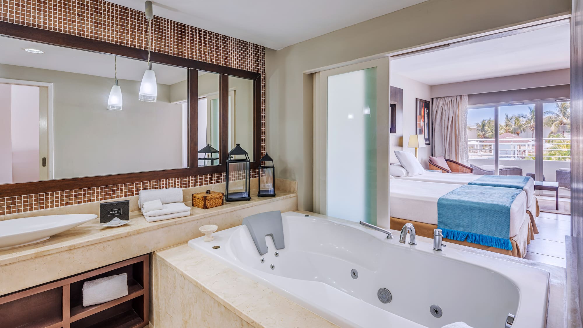 a bathroom with a bathtub and a mirror