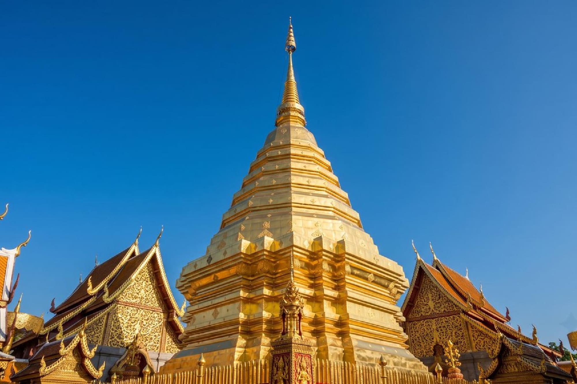 Iconic golden chedi at Wat Phra That Doi Suthep, Chiang Mai, Thailand.
