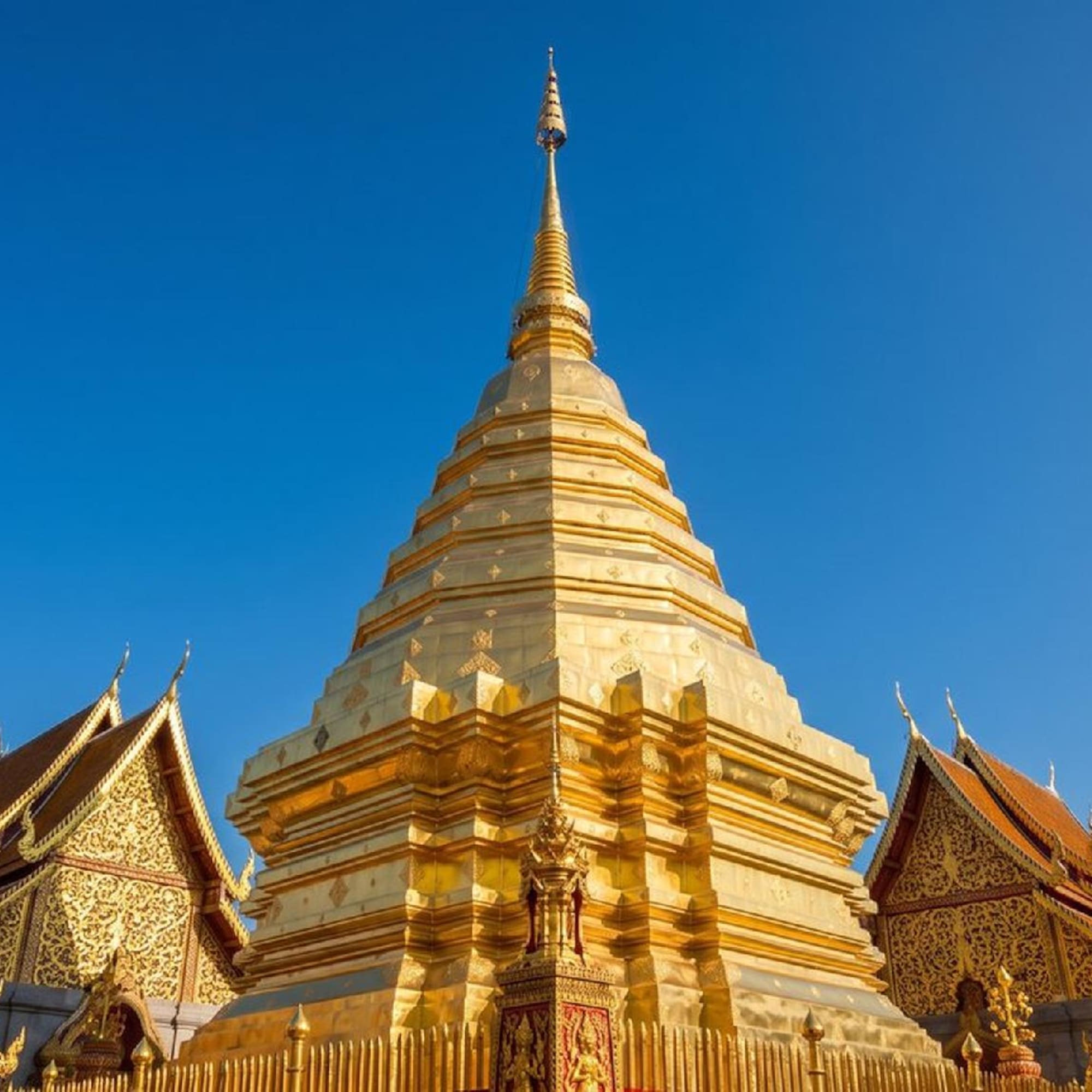 Iconic golden chedi at Wat Phra That Doi Suthep, Chiang Mai, Thailand.