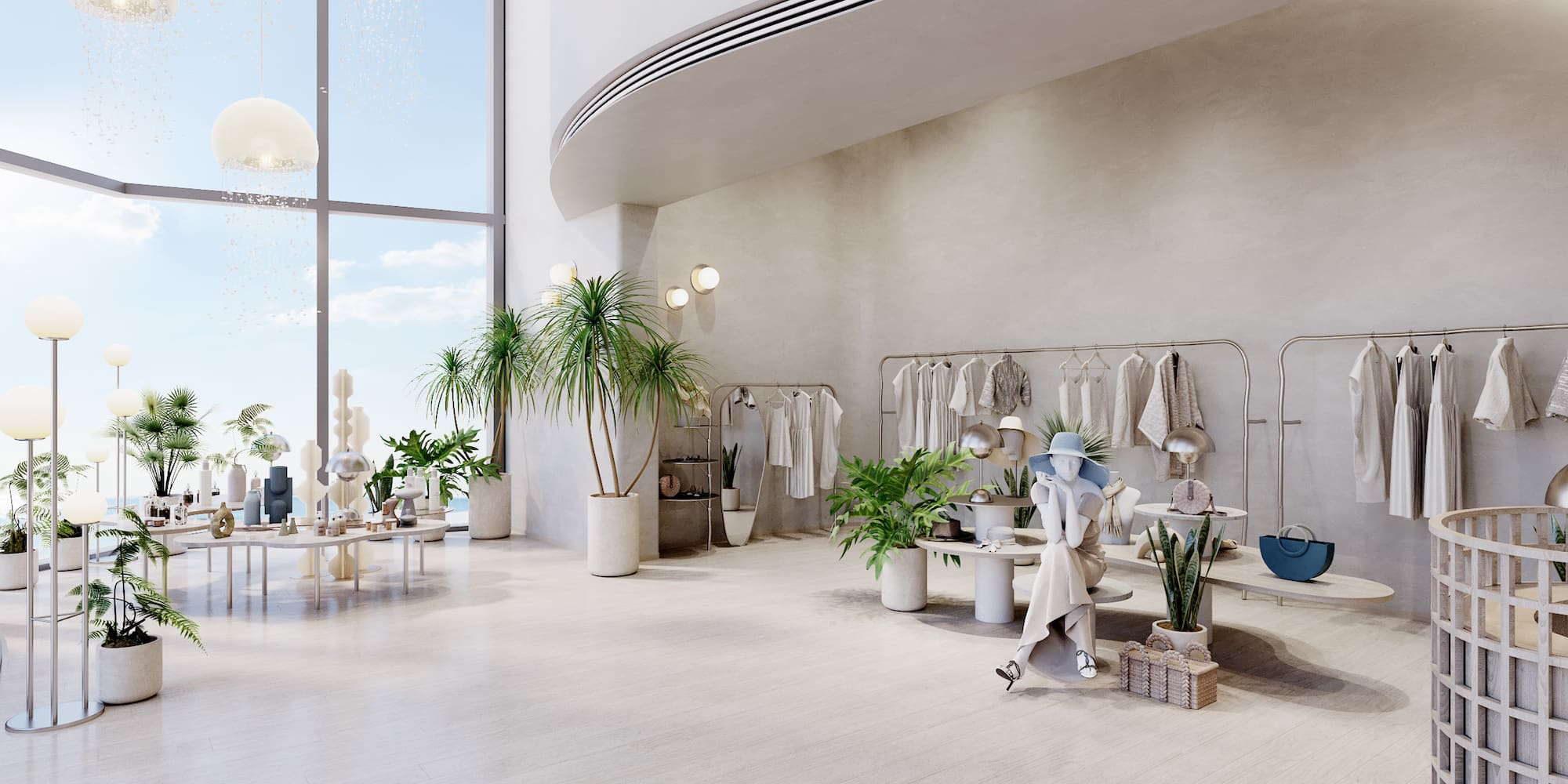 Bright, minimalist fashion boutique with clothing racks, plants, and large windows.